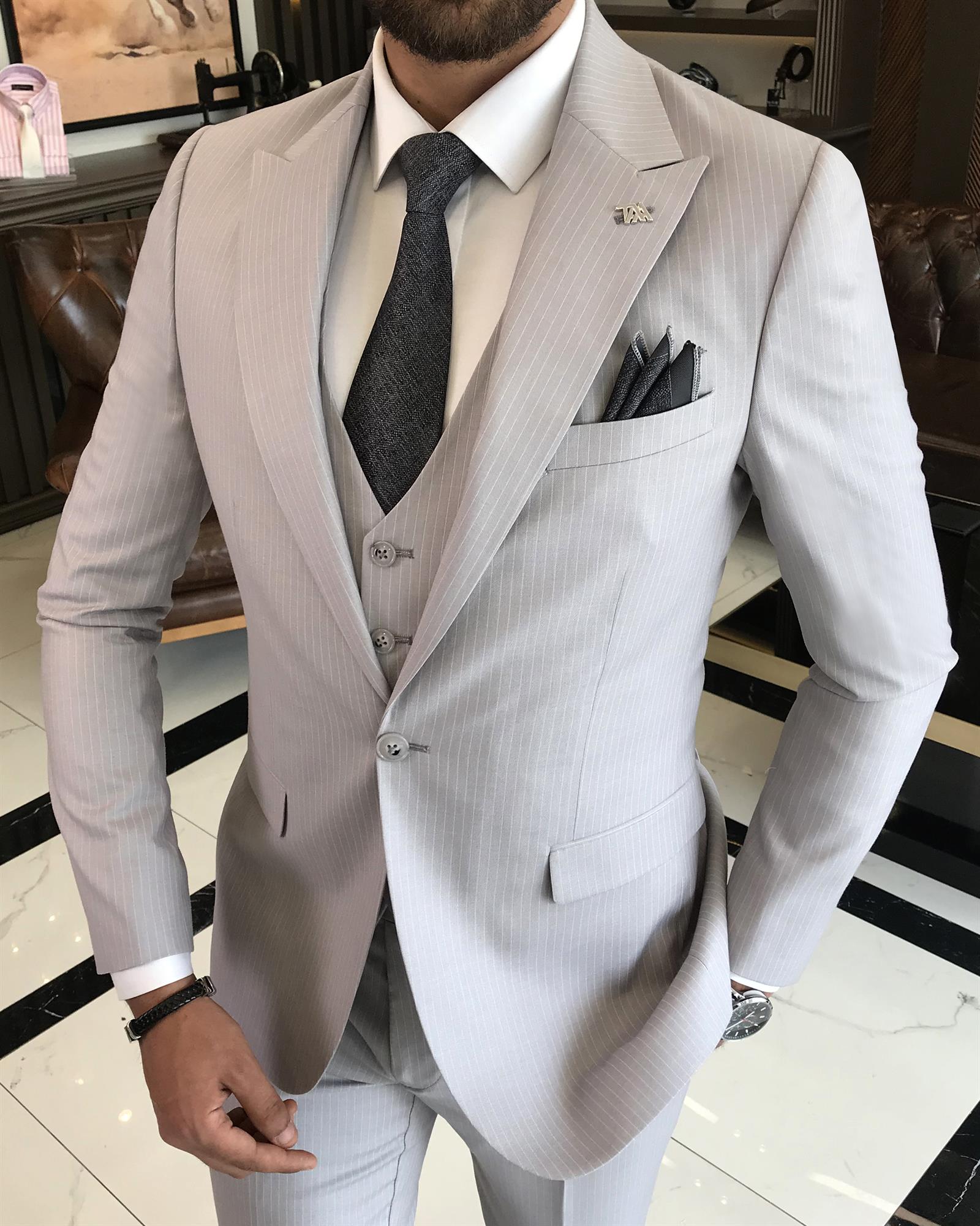 İtalyan stil slim fit çizgili ceket yelek pantolon takım elbise gri T9751