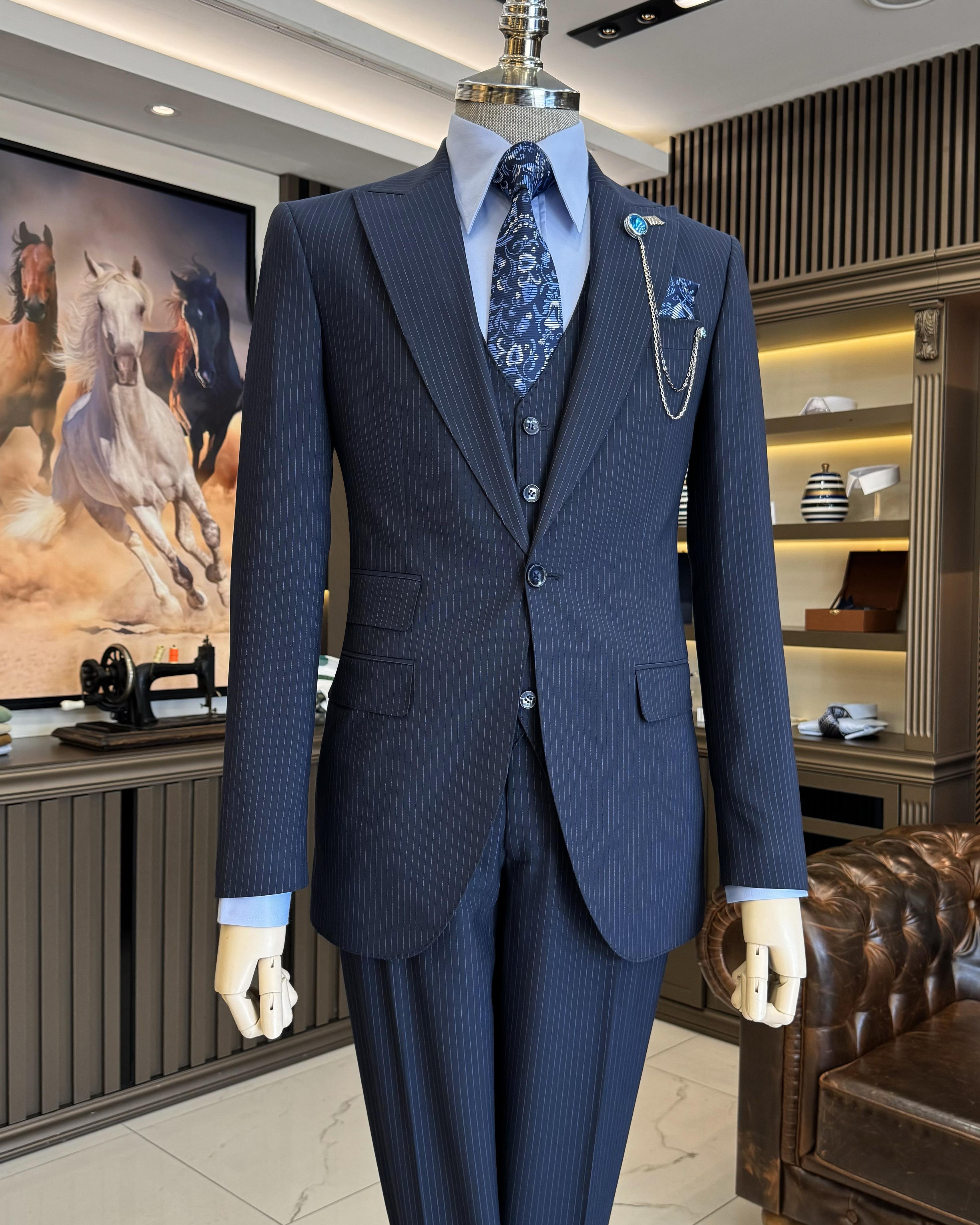 İtalyan stil slim fit çizgili ceket yelek pantolon takım elbise lacivert T11817