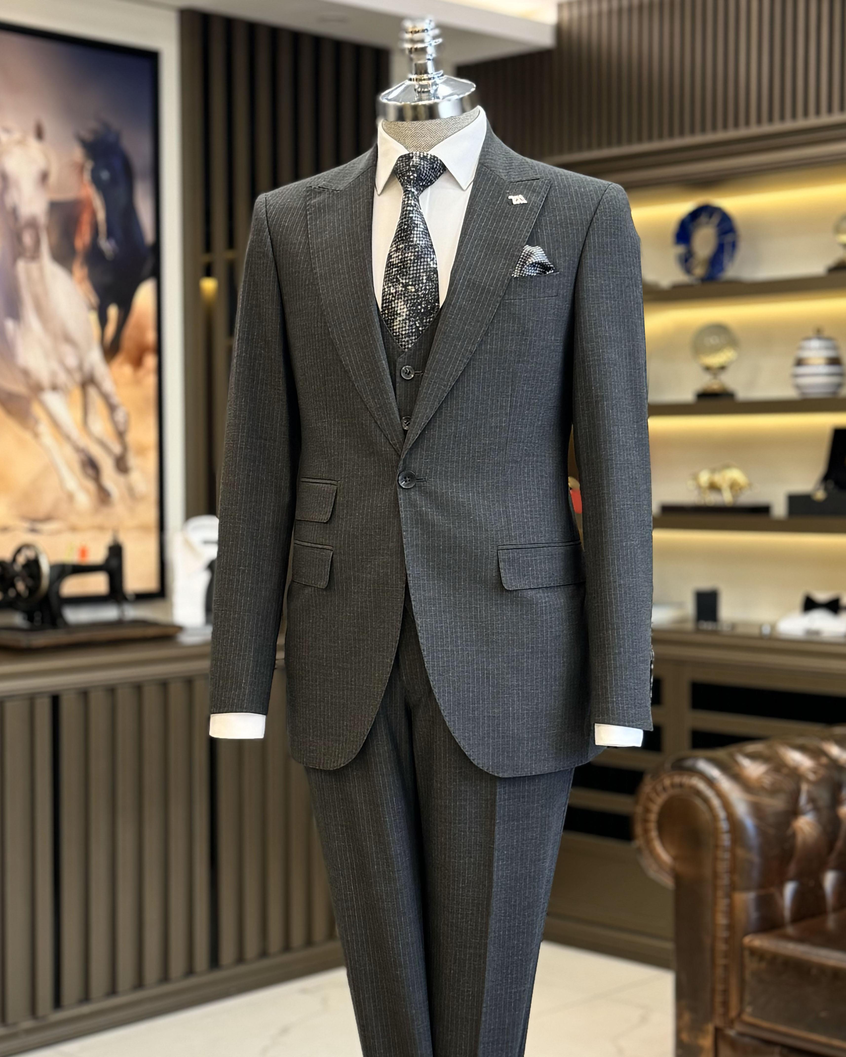 İtalyan stil slim fit çizgili ceket yelek pantolon takım elbise antrasit T11816