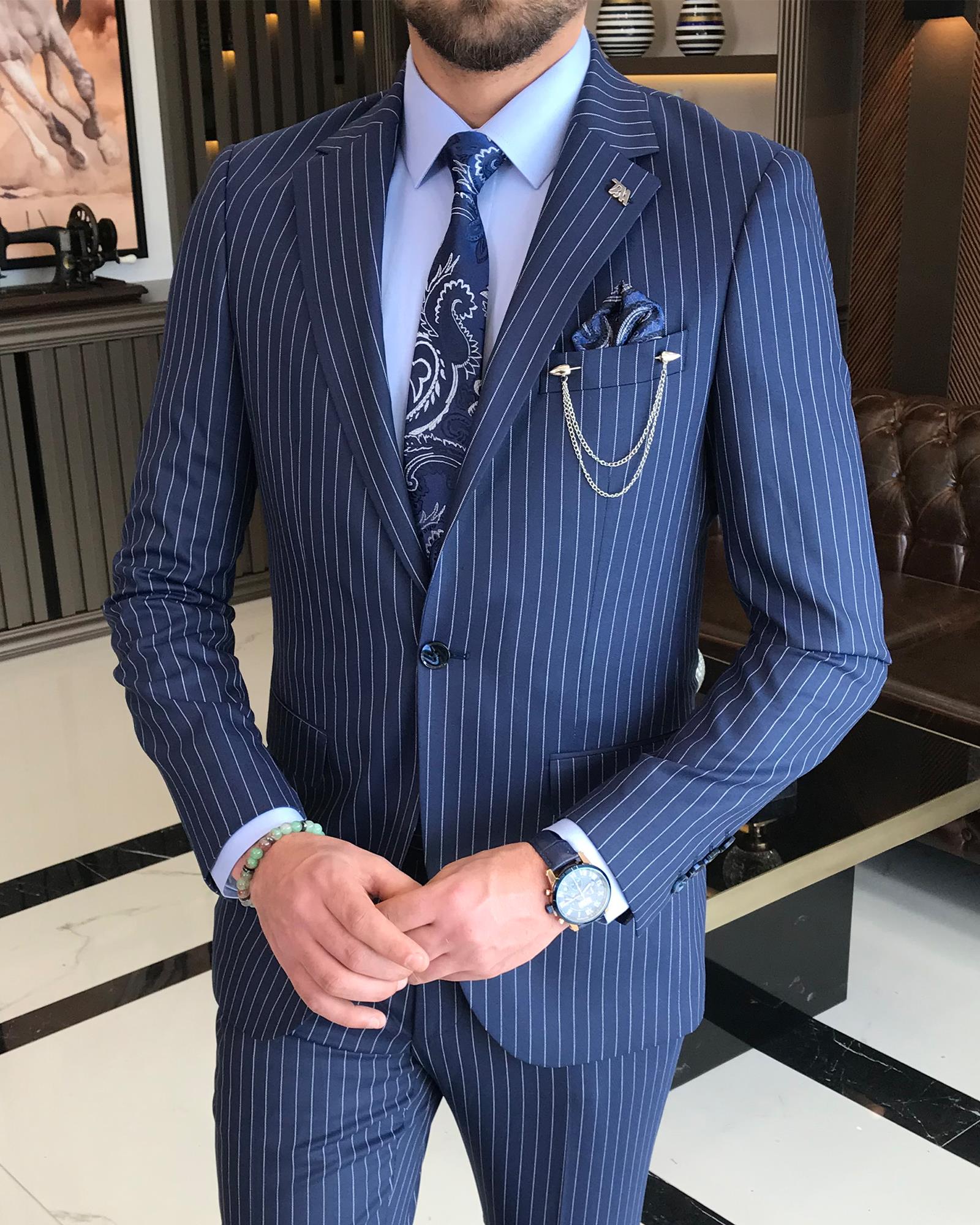İtalyan stil slim fit çizgili erkek ceket pantolon takım elbise Lacivert  T4897