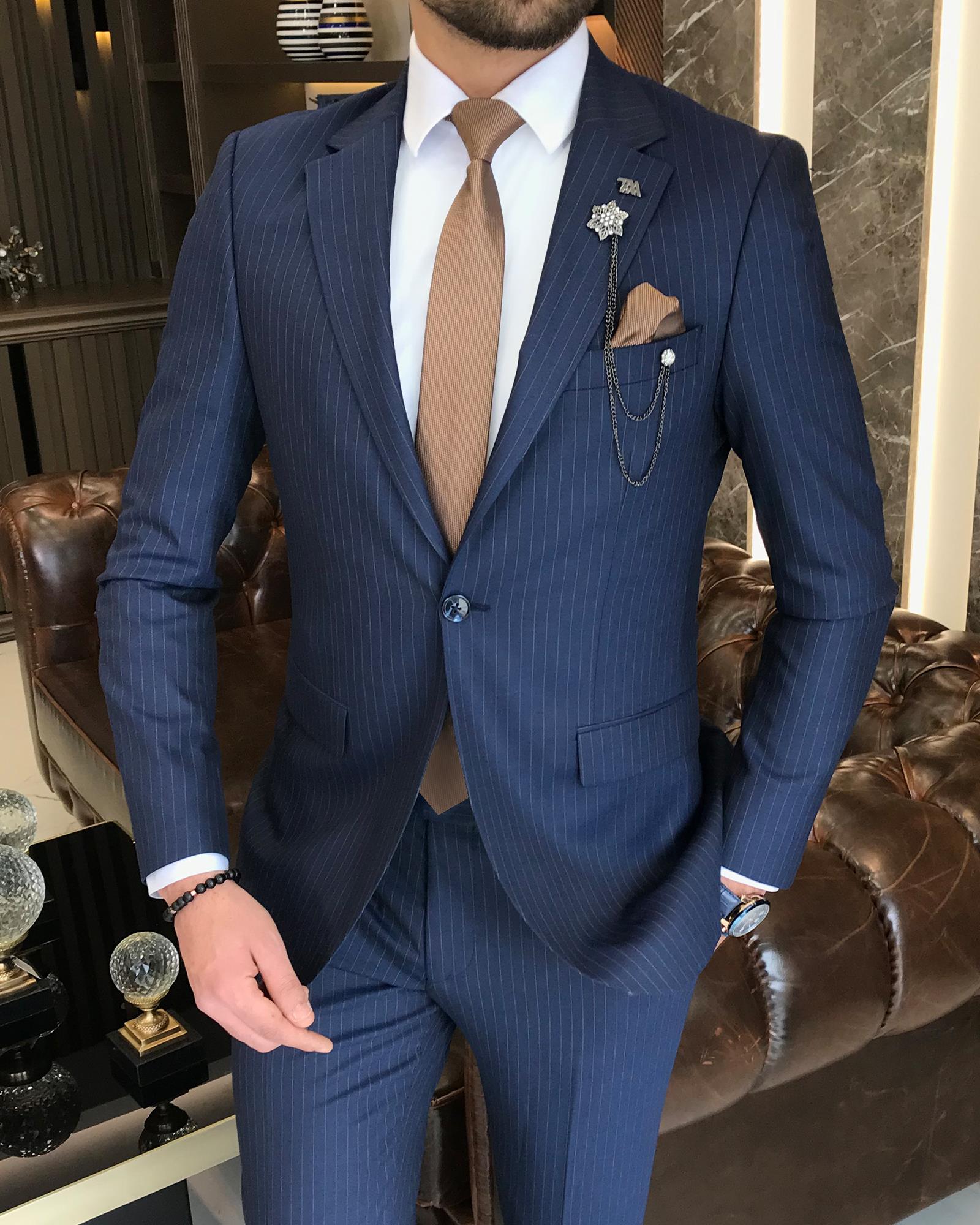 Italian Style Slim Fit Striped Men's Jacket Trousers Suit Navy Blue T8673