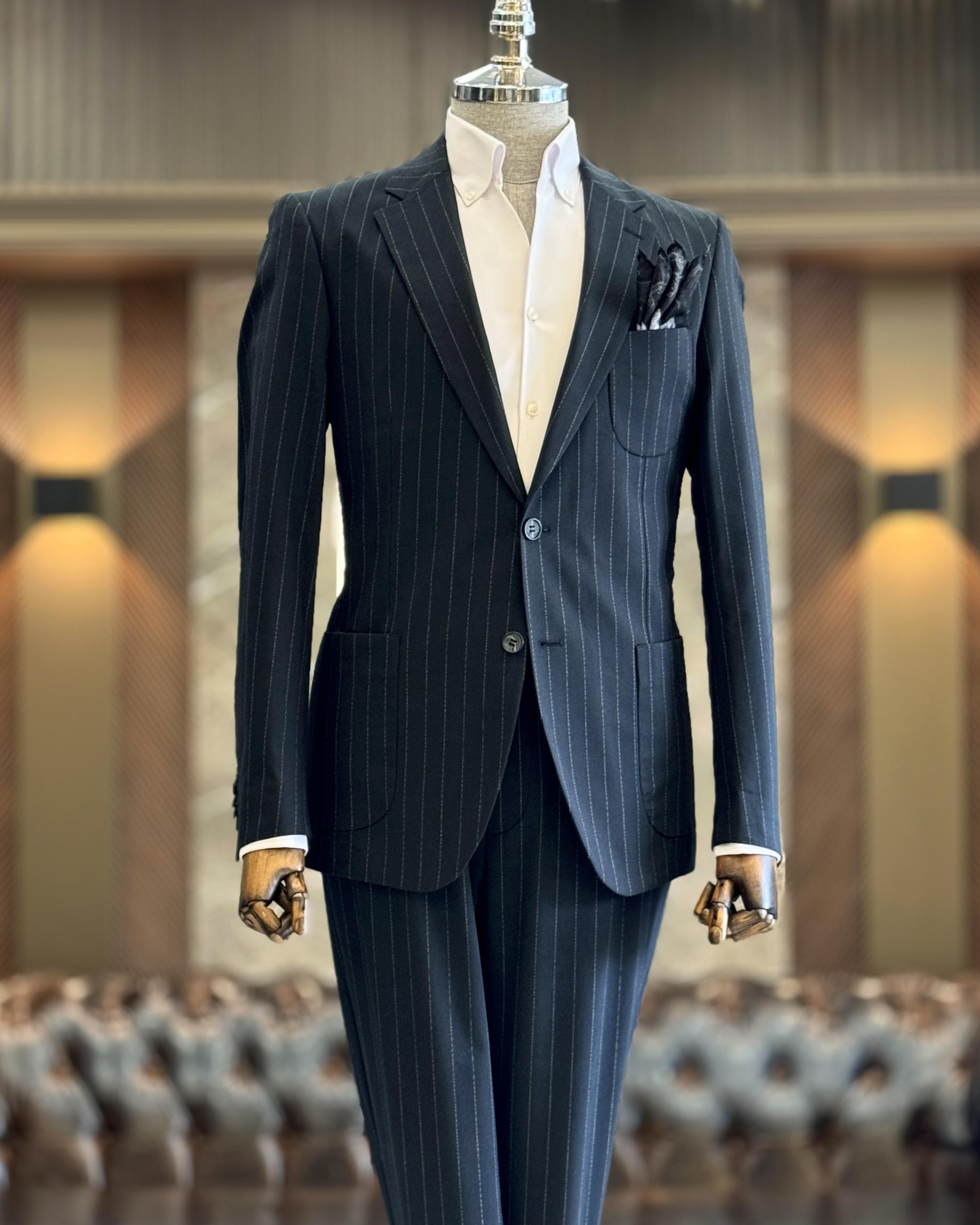 İtalyan stil slim fit çizgili erkek ceket pantolon takım elbise siyah T12917