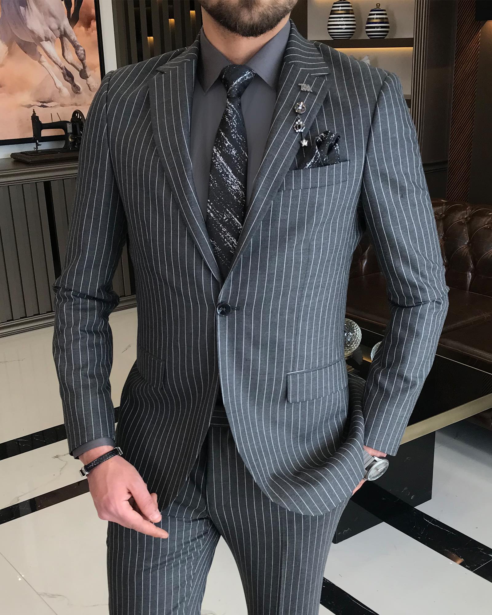 İtalyan stil slim fit çizgili erkek ceket pantolon takım elbise Koyu Gri  T4898