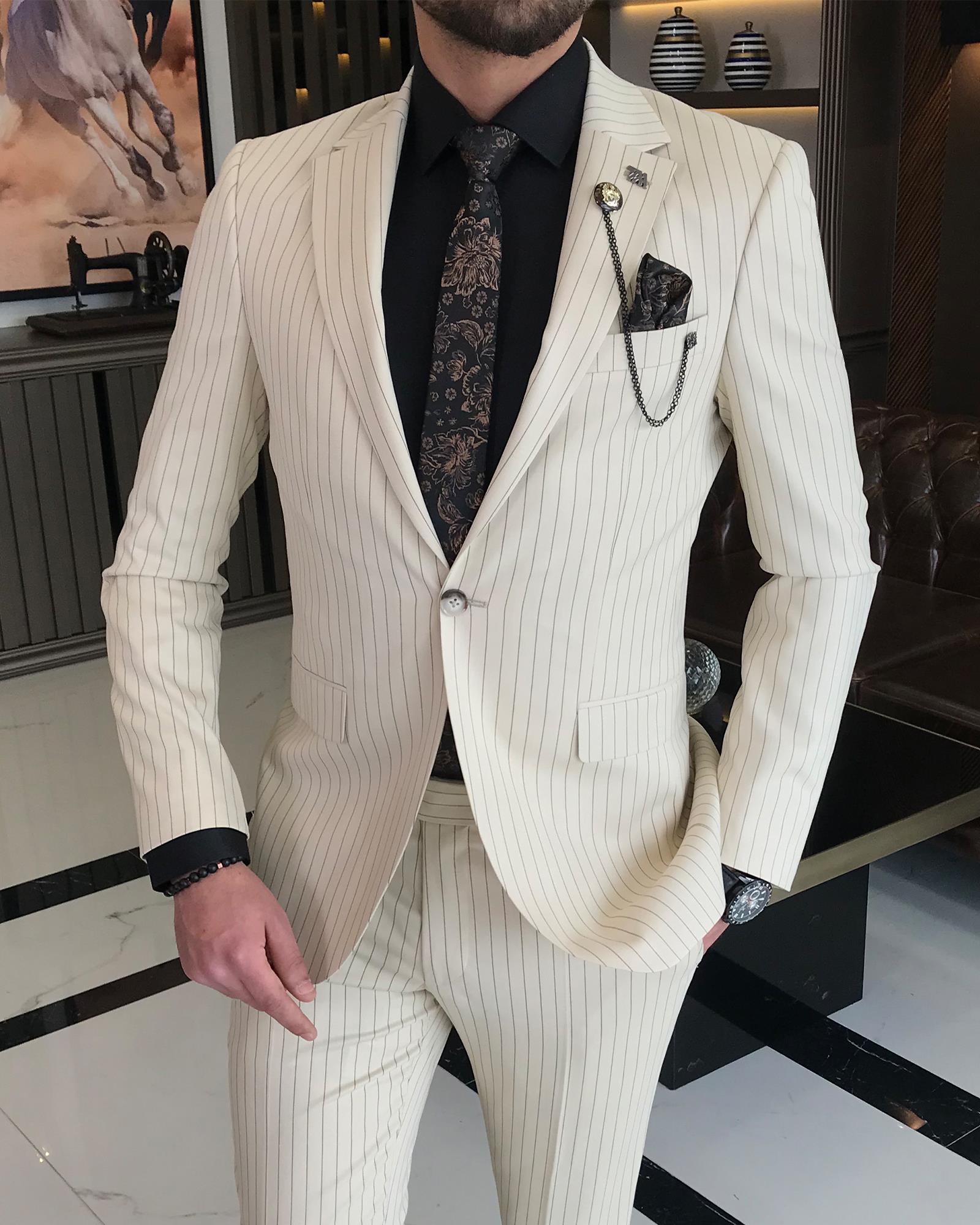 İtalyan stil slim fit çizgili erkek ceket pantolon takım elbise Bej T8670