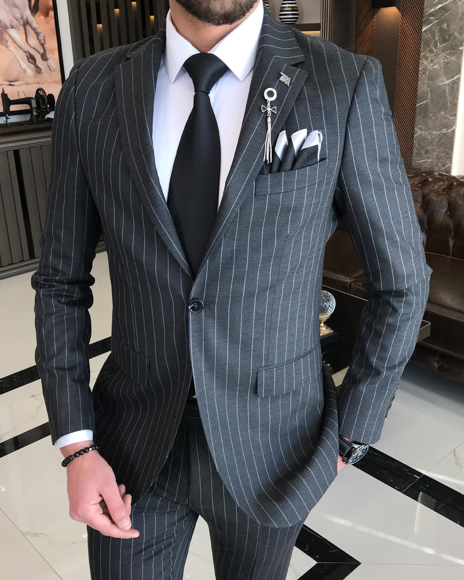 Italian Style Slim Fit Striped Men's Jacket Trousers Suit Anthracit T8672