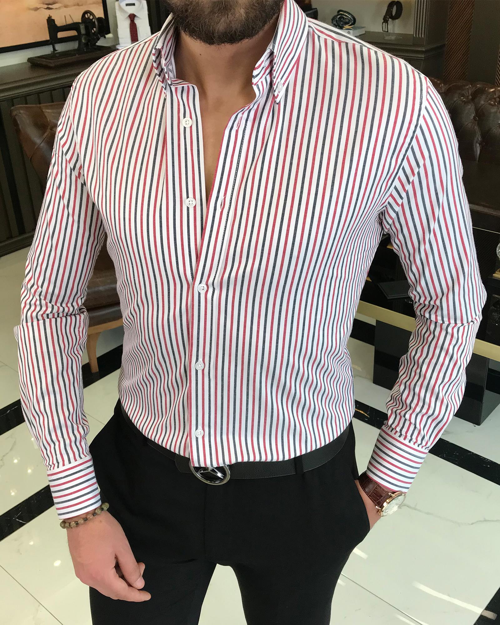 İtalyan stil slim fit çizgili erkek dik yaka gömlek beyaz T9250