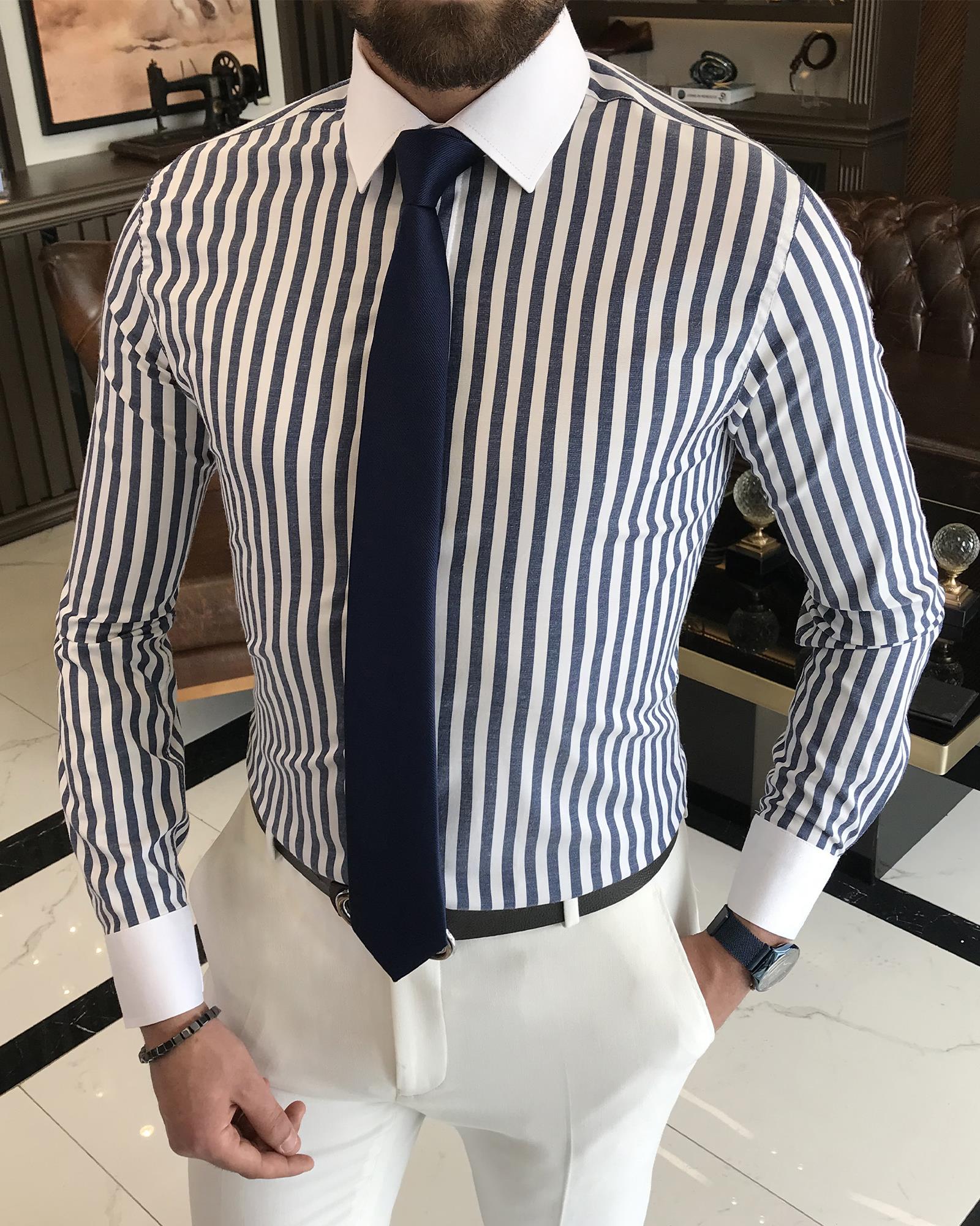 İtalyan stil slim fit çizgili erkek kravat yaka gömlek lacivert T9228