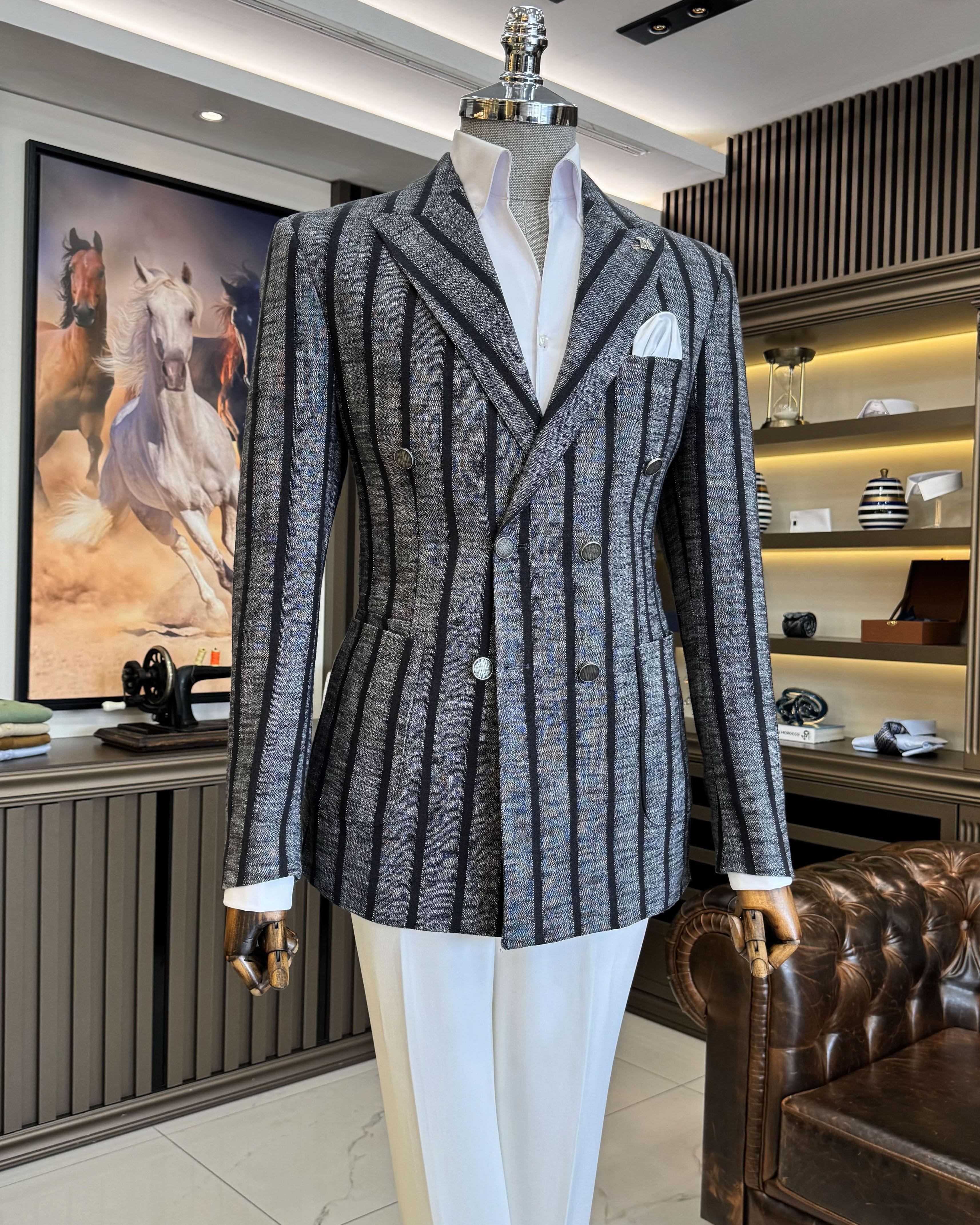 İtalyan stil slim fit çizgili kruvaze erkek ceket siyah T12070