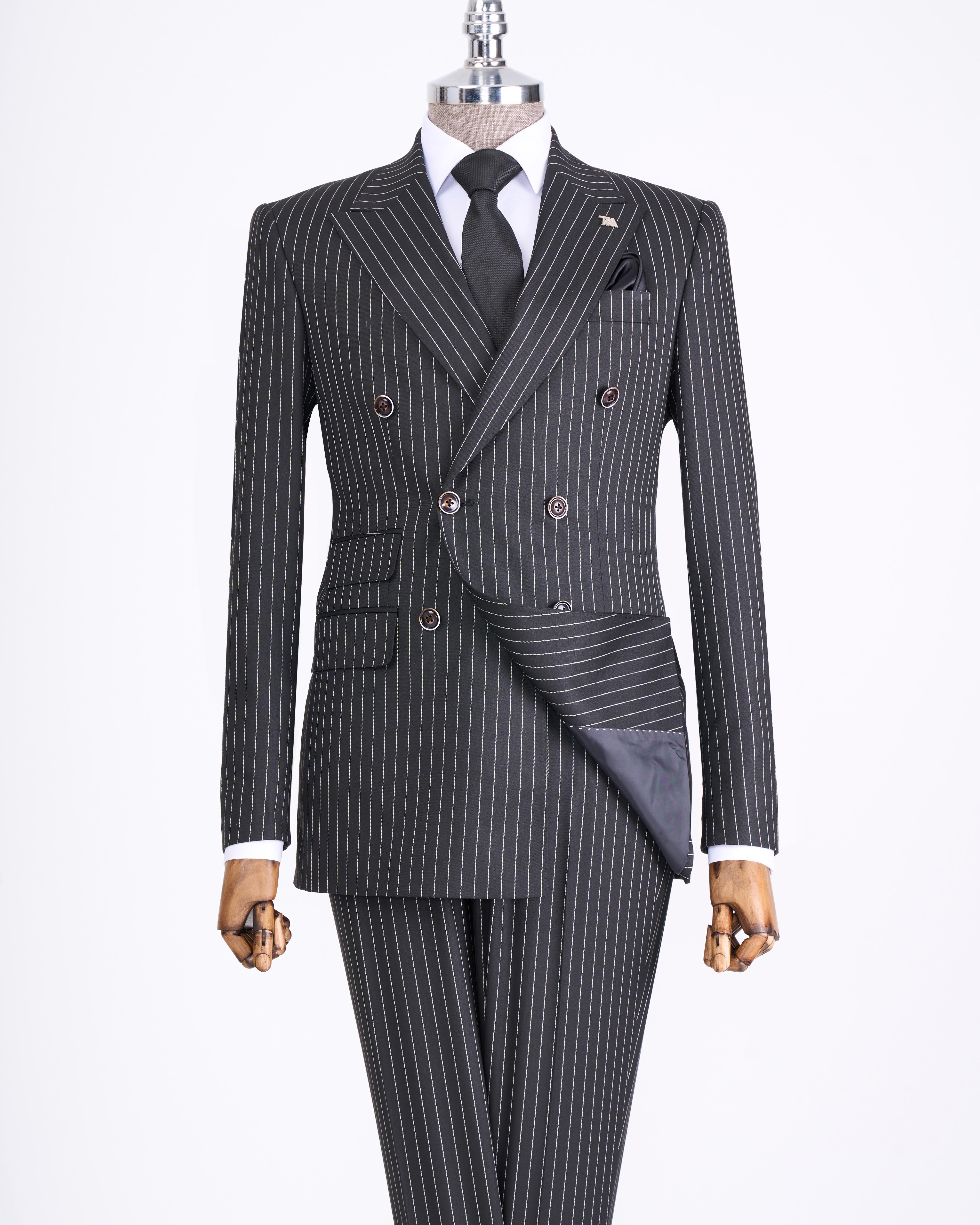 İtalyan stil slim fit çizgili kruvaze ceket pantolon takım elbise siyah T13059