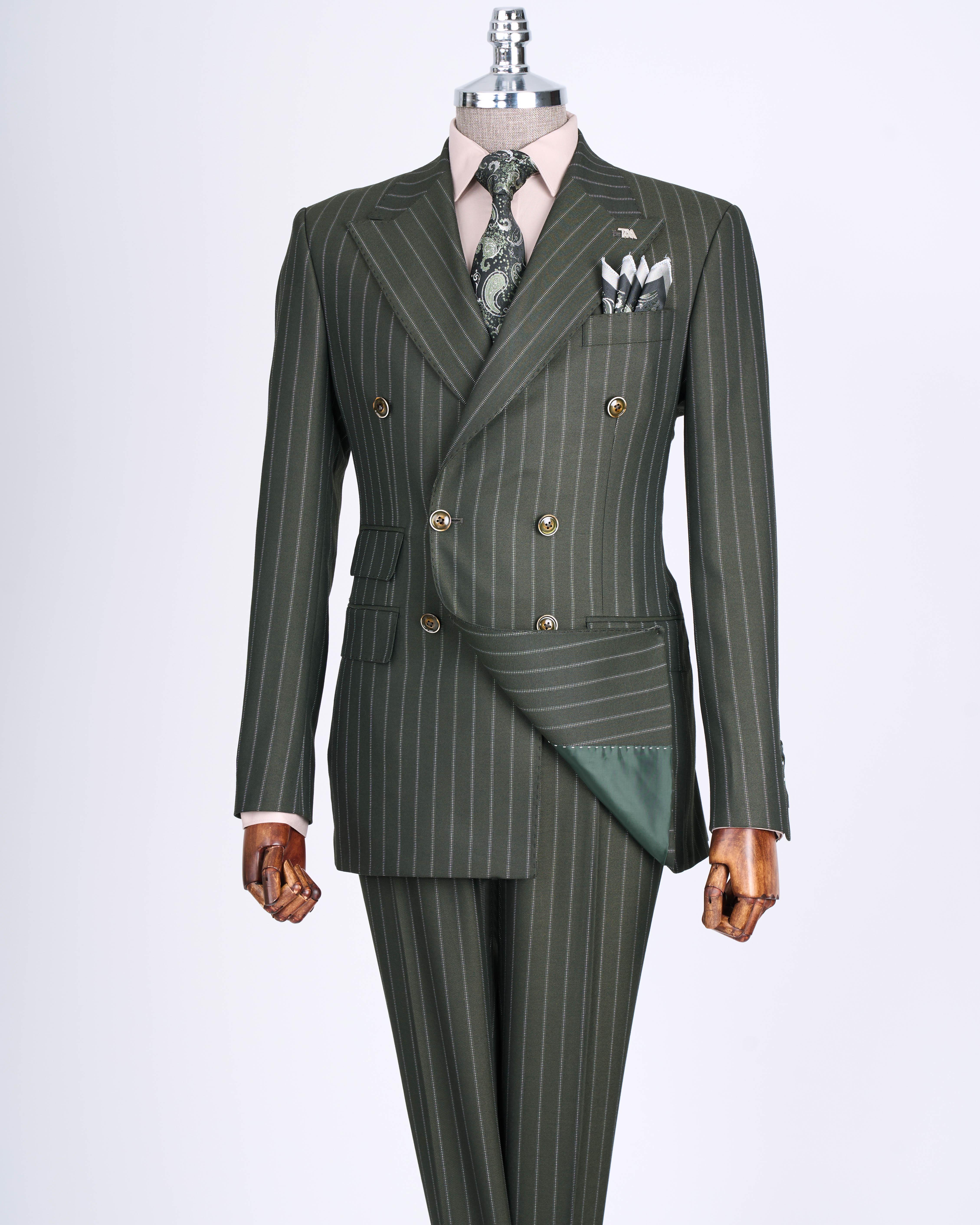 İtalyan stil slim fit çizgili kruvaze ceket pantolon takım elbise yeşil T13492