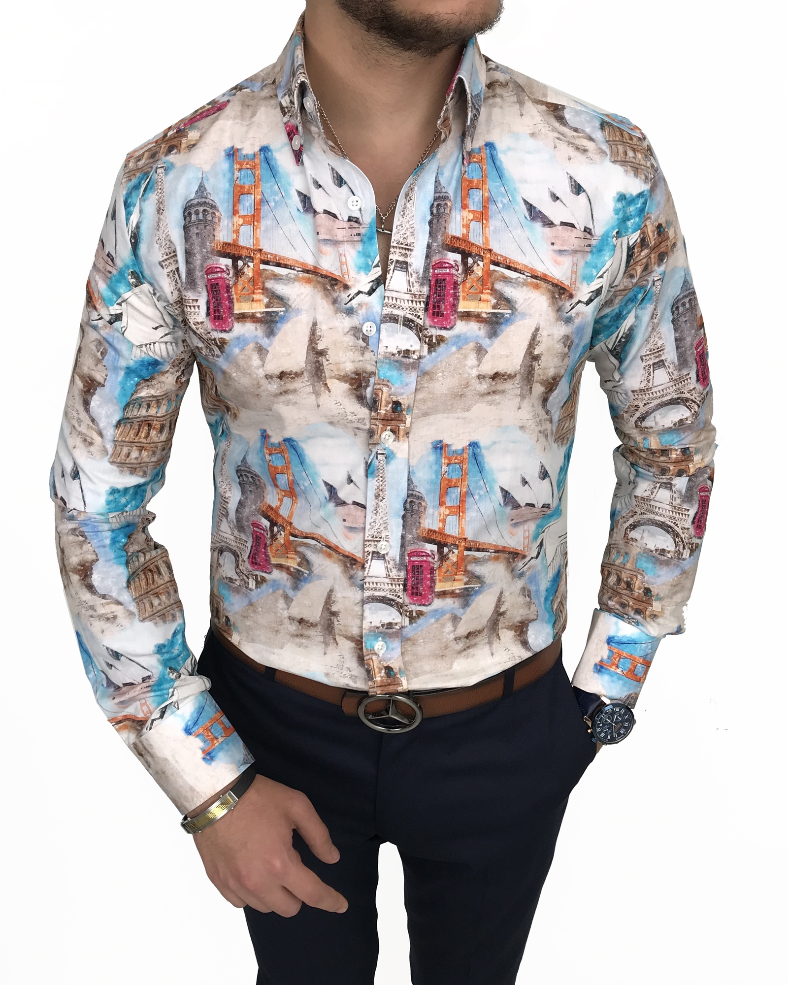 İtalyan stil slim fit dik yaka erkek desenli pamuk gömlek Çok Renkli T7187