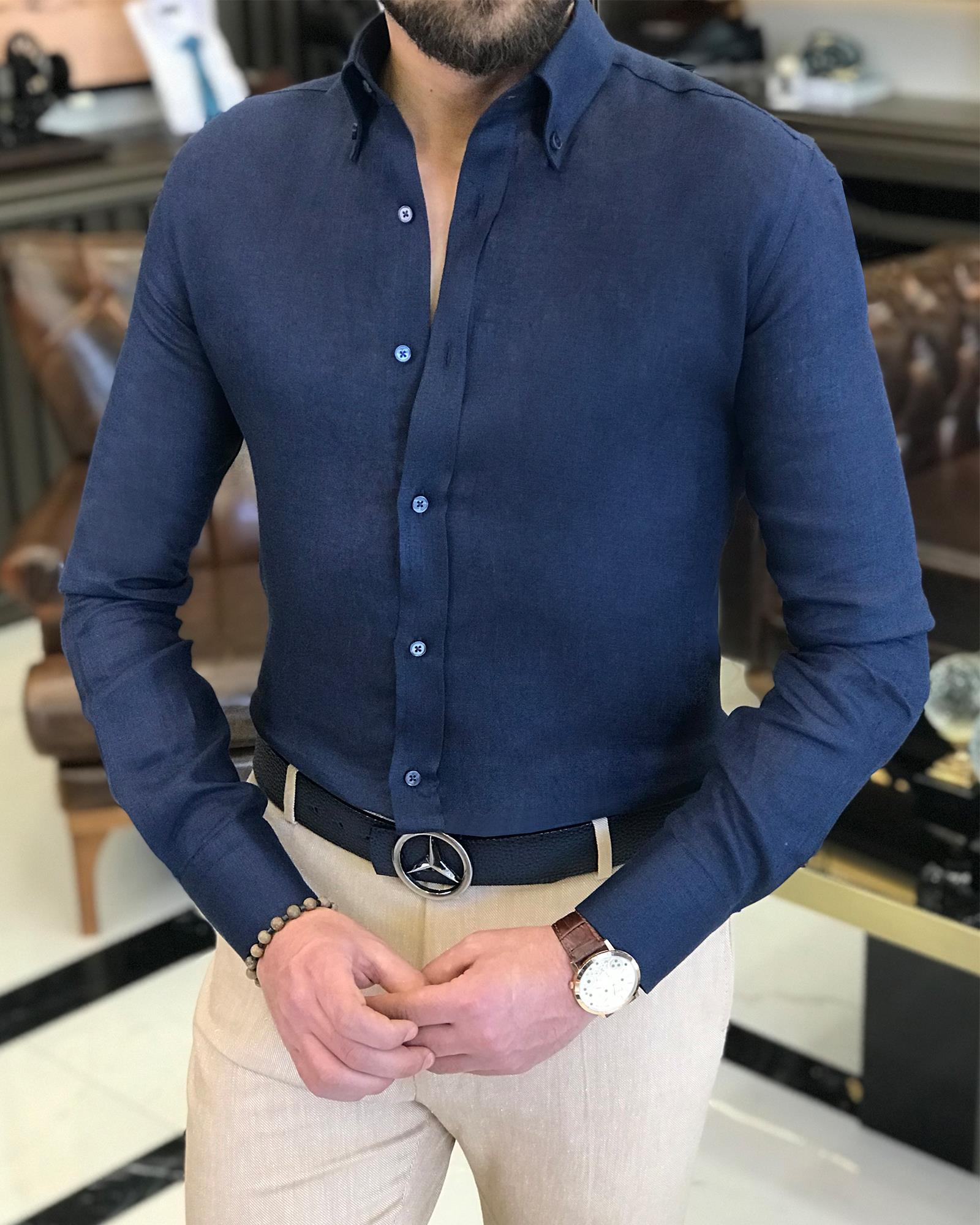 italyan stil slim fit dik yaka saf keten erkek gömlek lacivert T9317