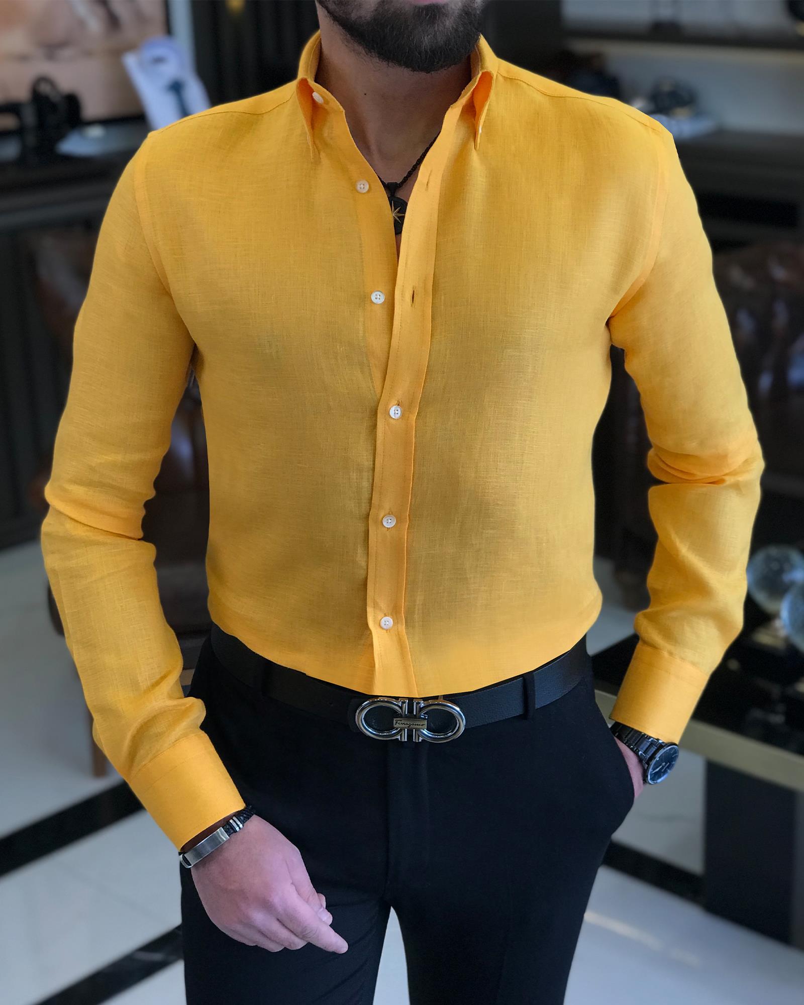 italyan stil slim fit dik yaka saf keten erkek gömlek sarı T9316