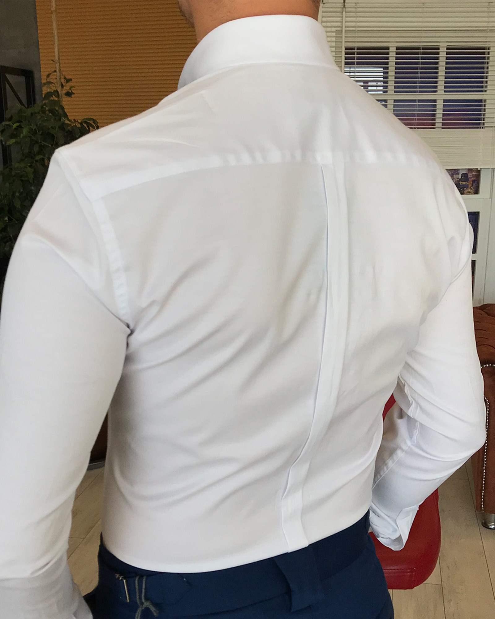 italyan stil slim fit dik yaka saten erkek gömlek Beyaz T4754