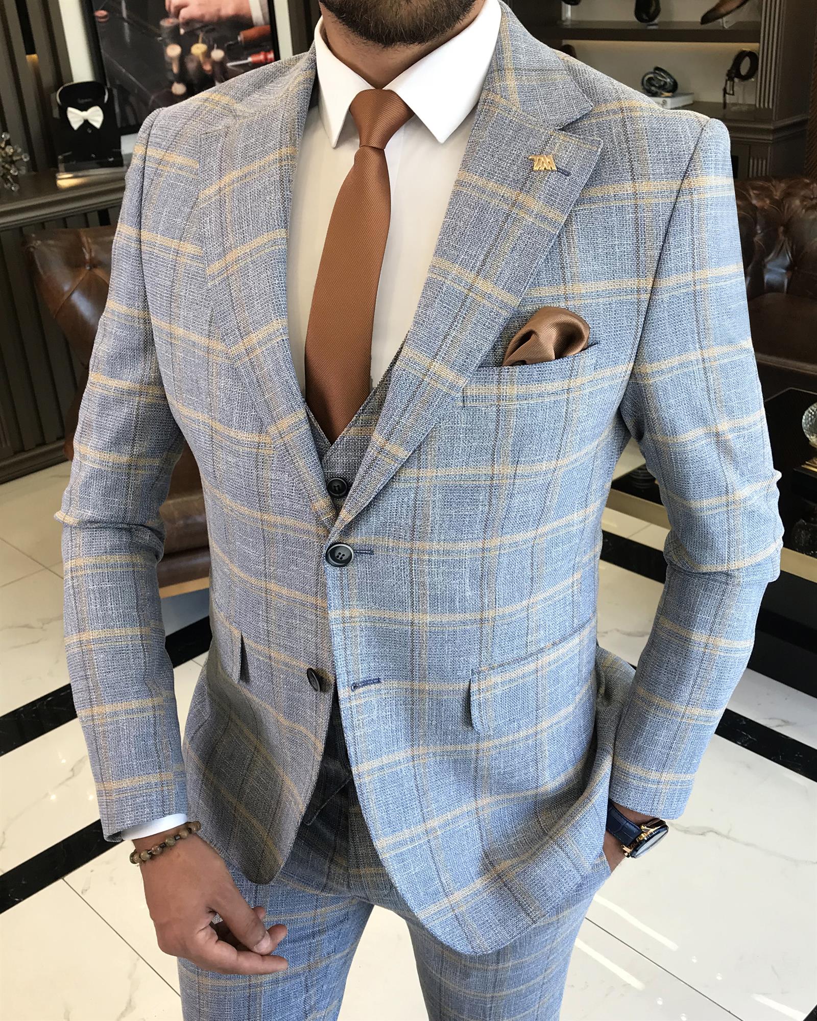 İtalyan stil slim fit ekose ceket yelek pantolon takım elbise mavi T9775