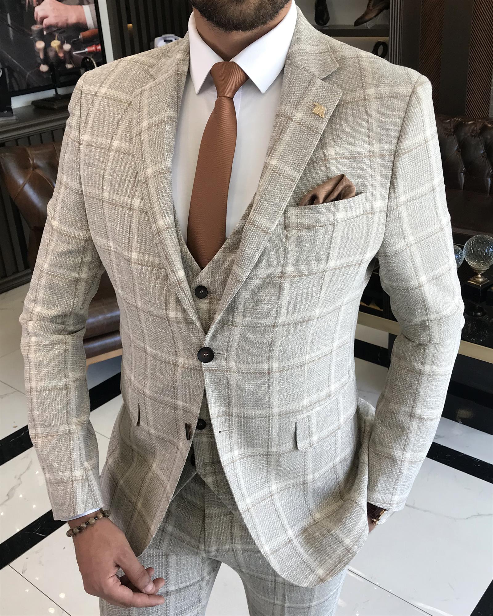İtalyan stil slim fit ekose ceket yelek pantolon takım elbise bej T9778