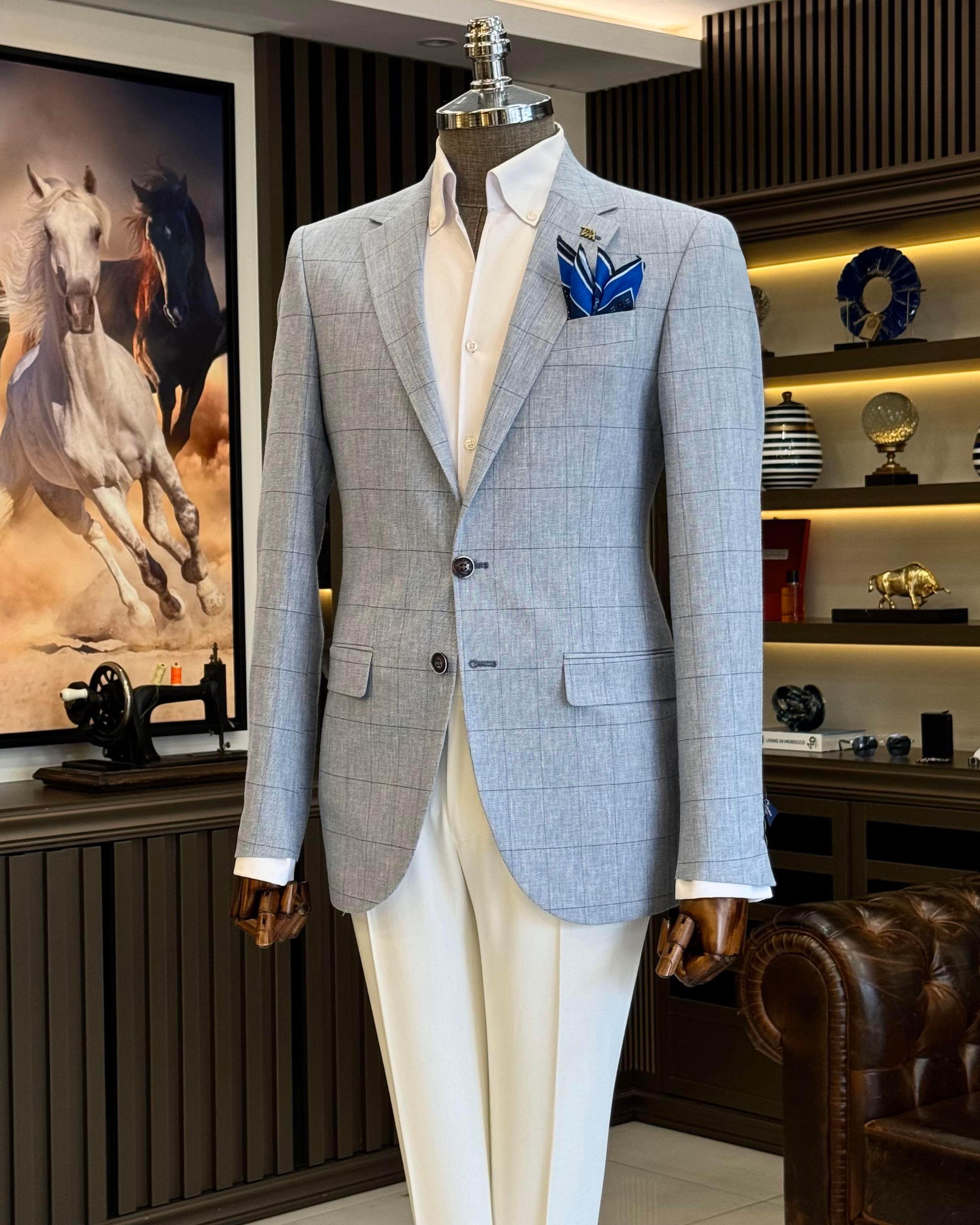 İtalyan stil slim fit ekose erkek ceket mavi T12548