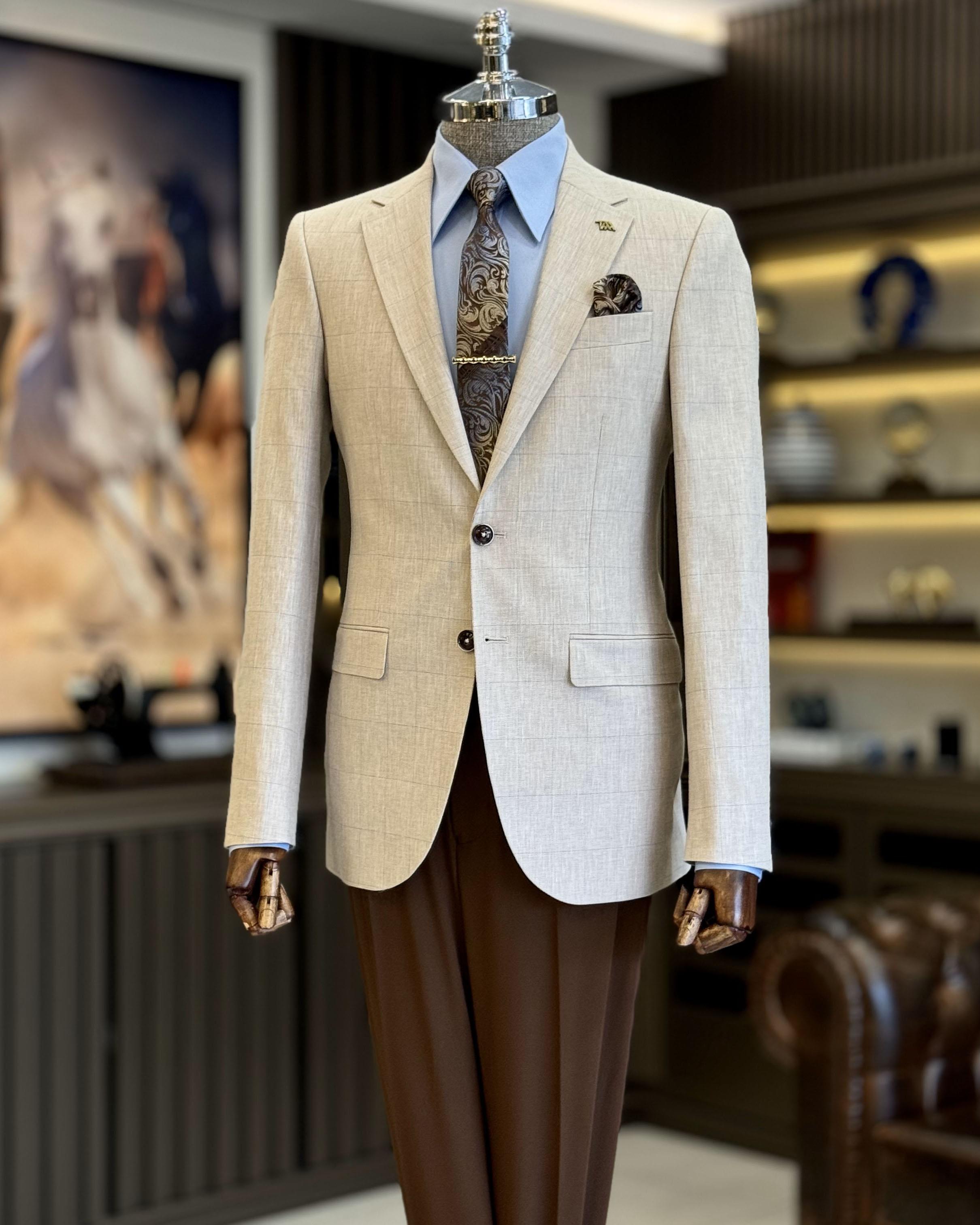 İtalyan stil slim fit ekose erkek ceket camel T12547