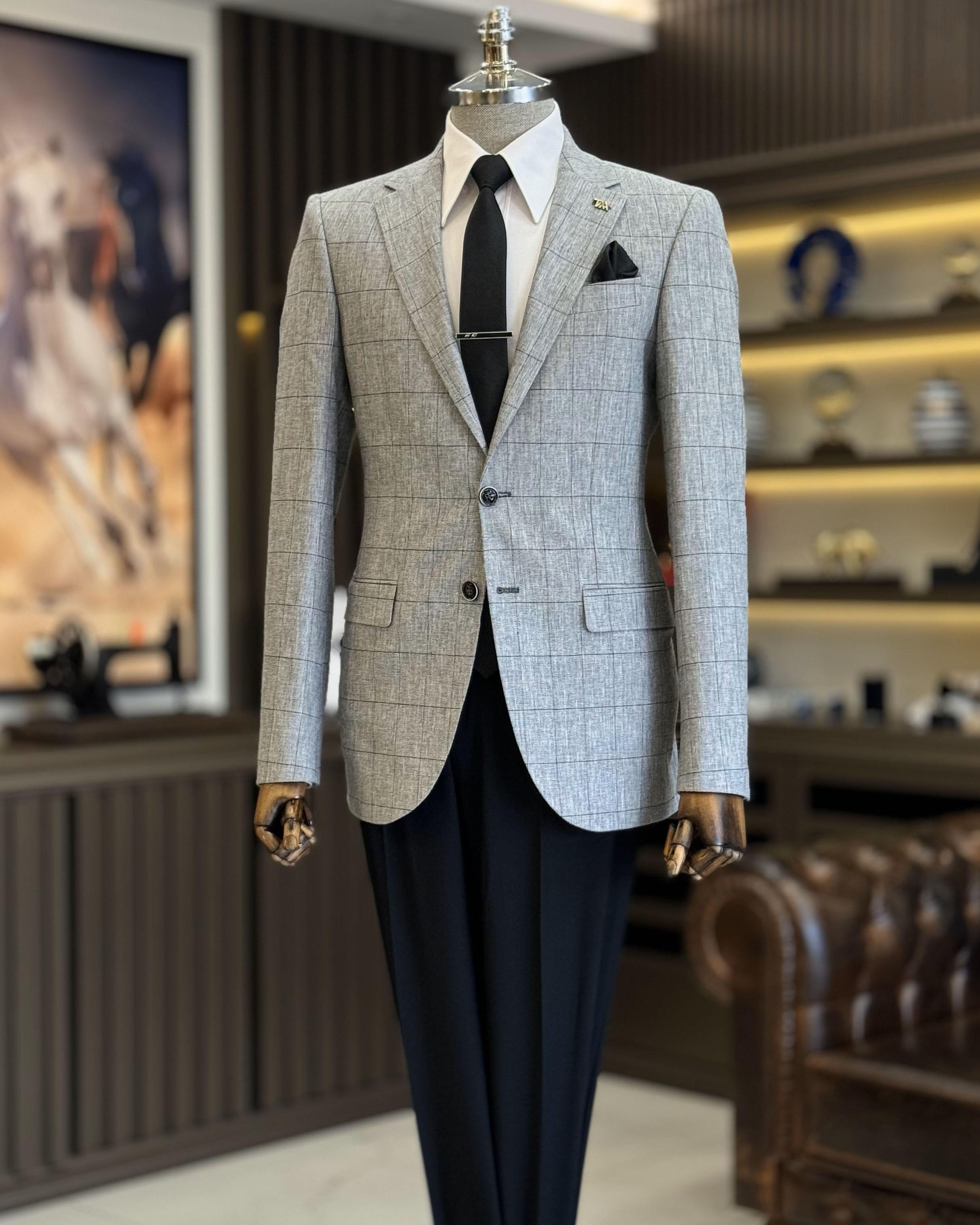 İtalyan stil slim fit ekose erkek ceket siyah T12550