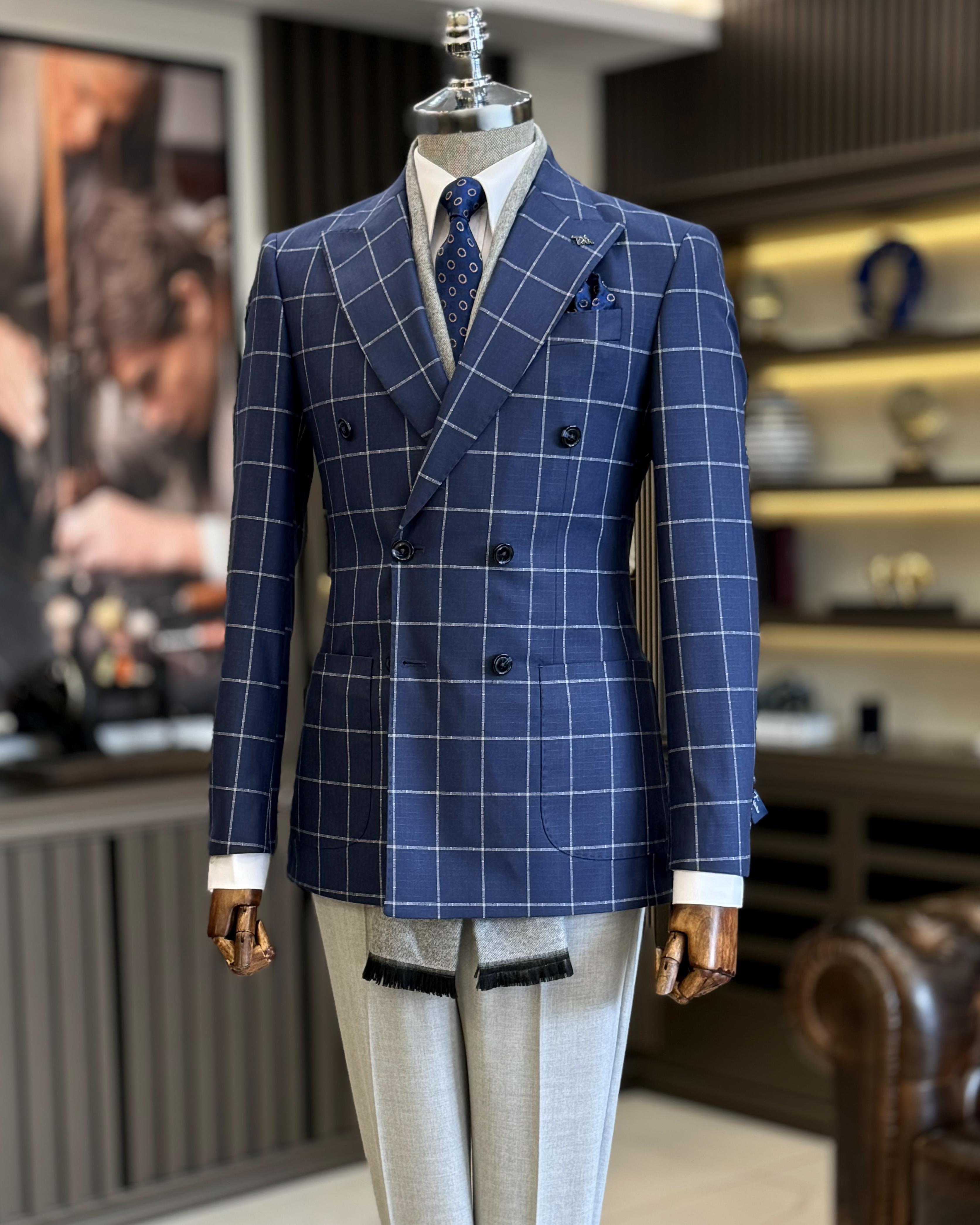 İtalyan stil slim fit ekose kravuze erkek tek ceket lacivert T12892