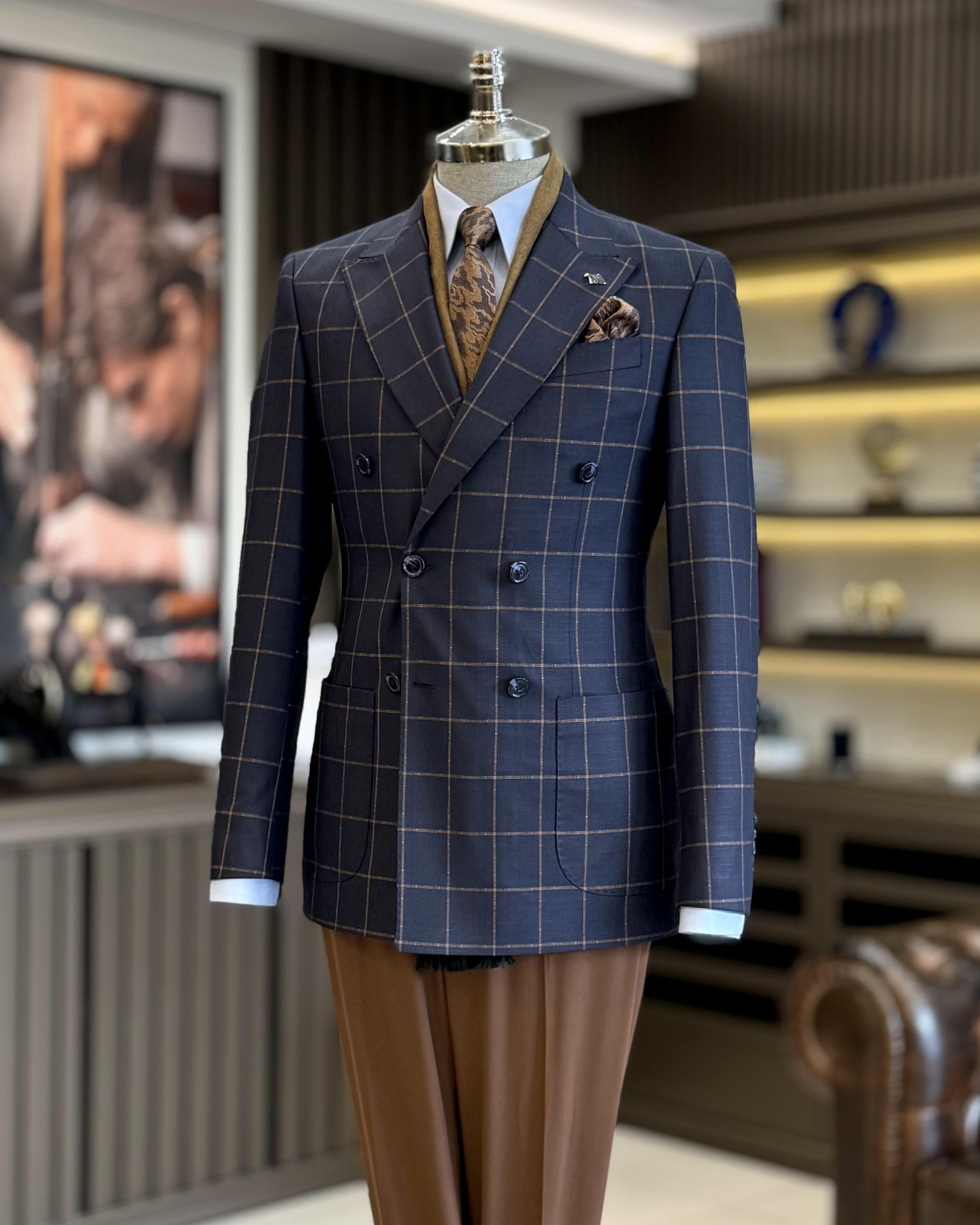 İtalyan stil slim fit ekose kravuze erkek tek ceket laciverti T12894