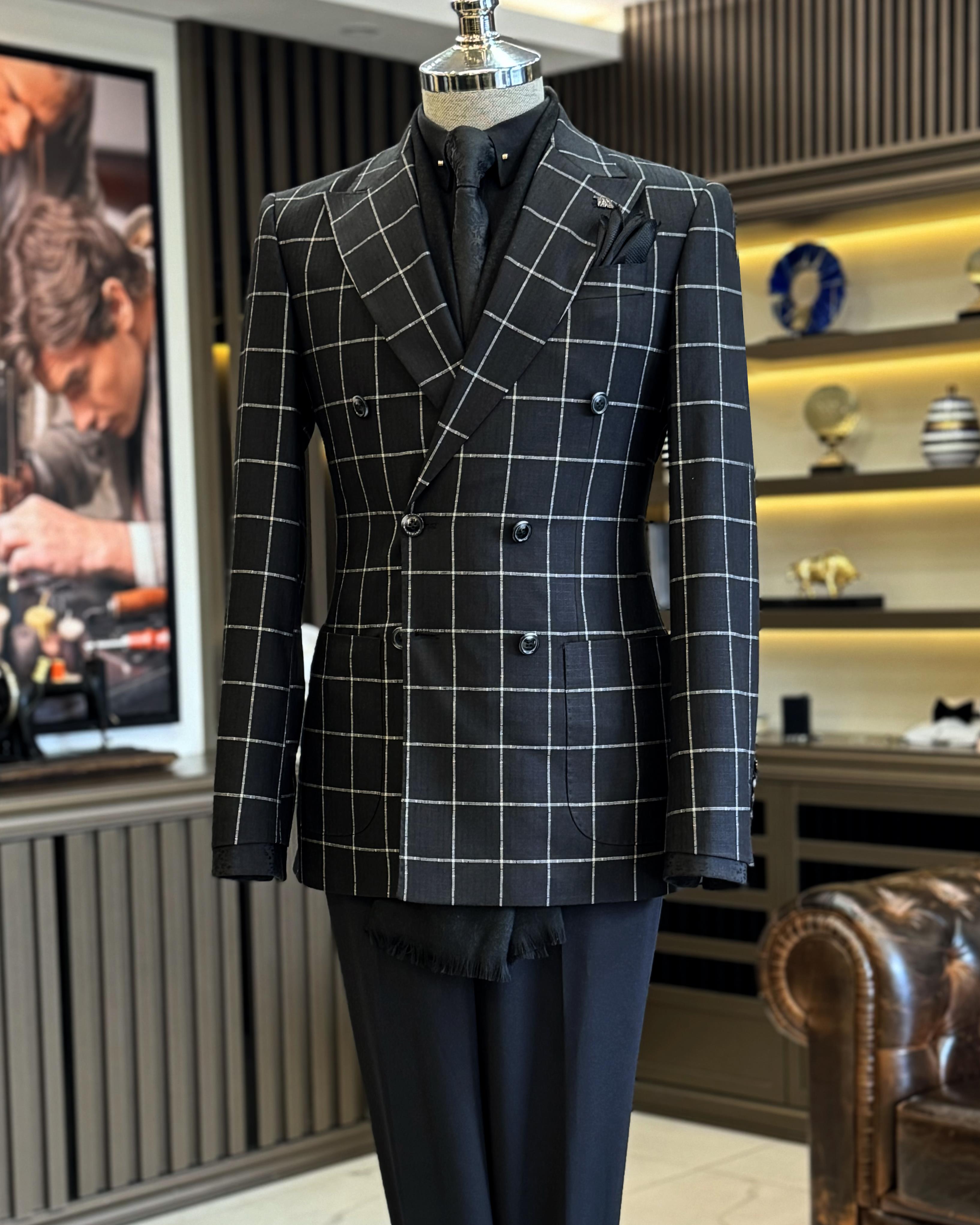 İtalyan stil slim fit ekose kravuze erkek tek ceket siyah T12895