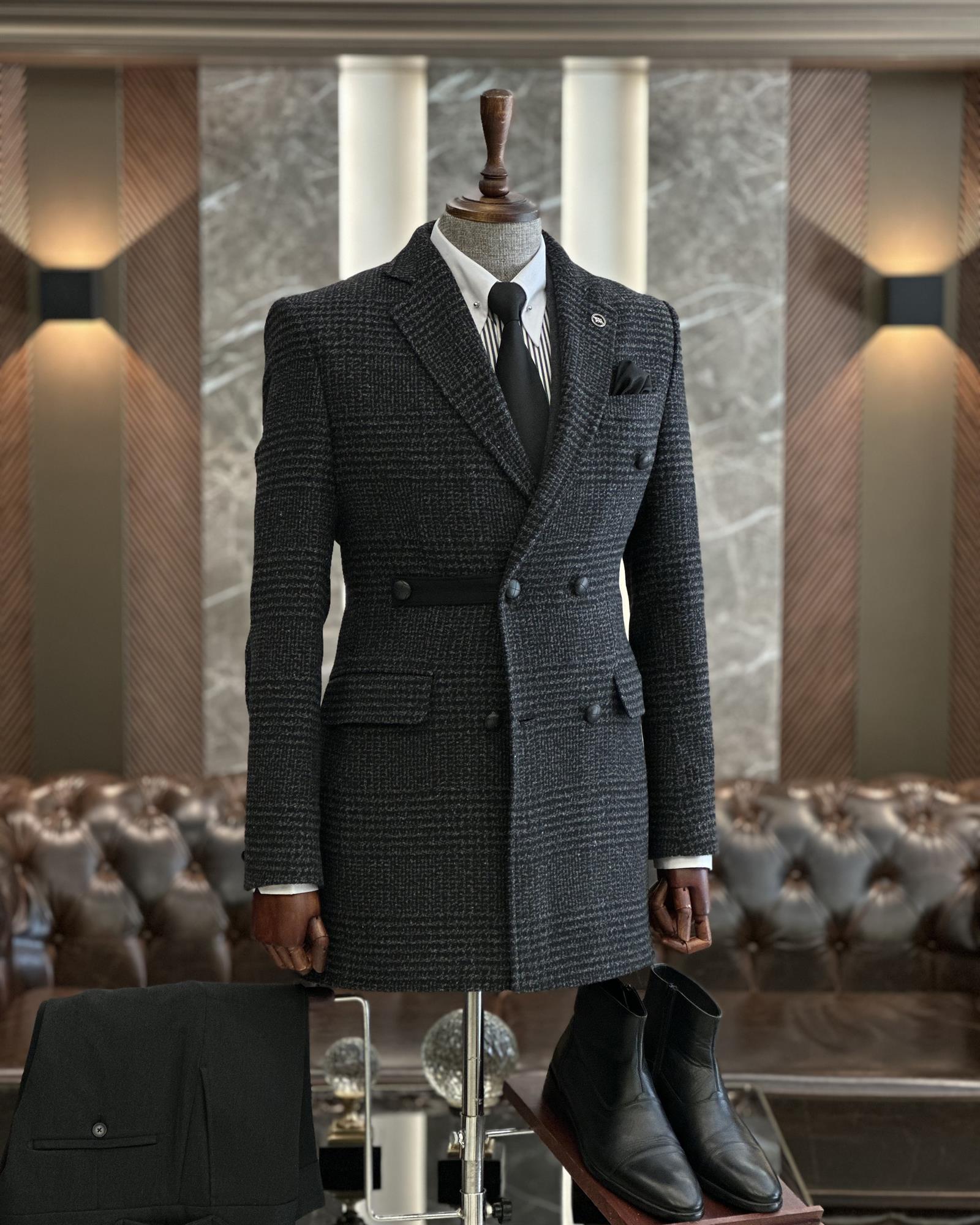 İtalyan stil slim fit ekose mono yaka yün erkek kaban antrasit T10050