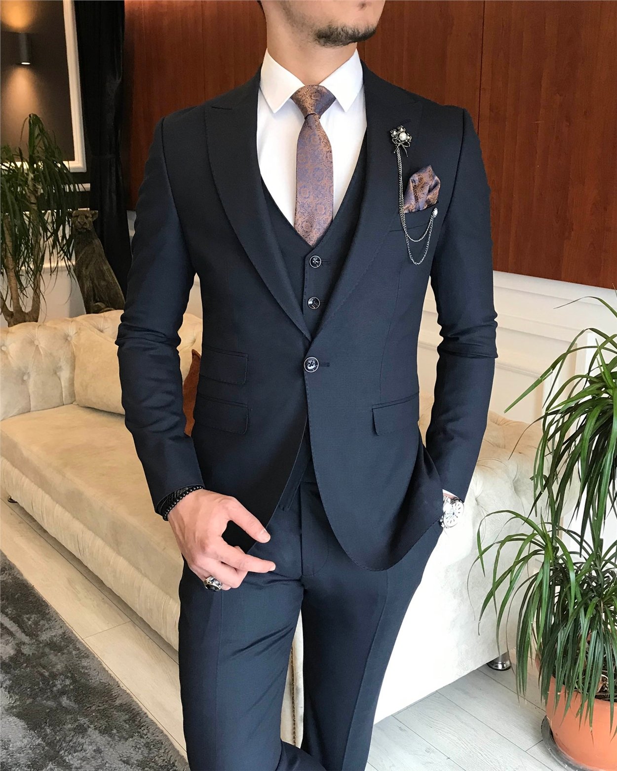 İtalyan stil slim fit ekoseli ceket yelek pantolon takım elbise lacivert T6659