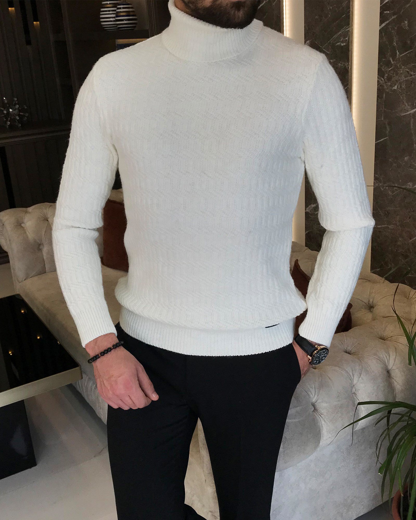 İtalyan stil slim fit erkek balıkçı yaka triko kazak Ekru T8710