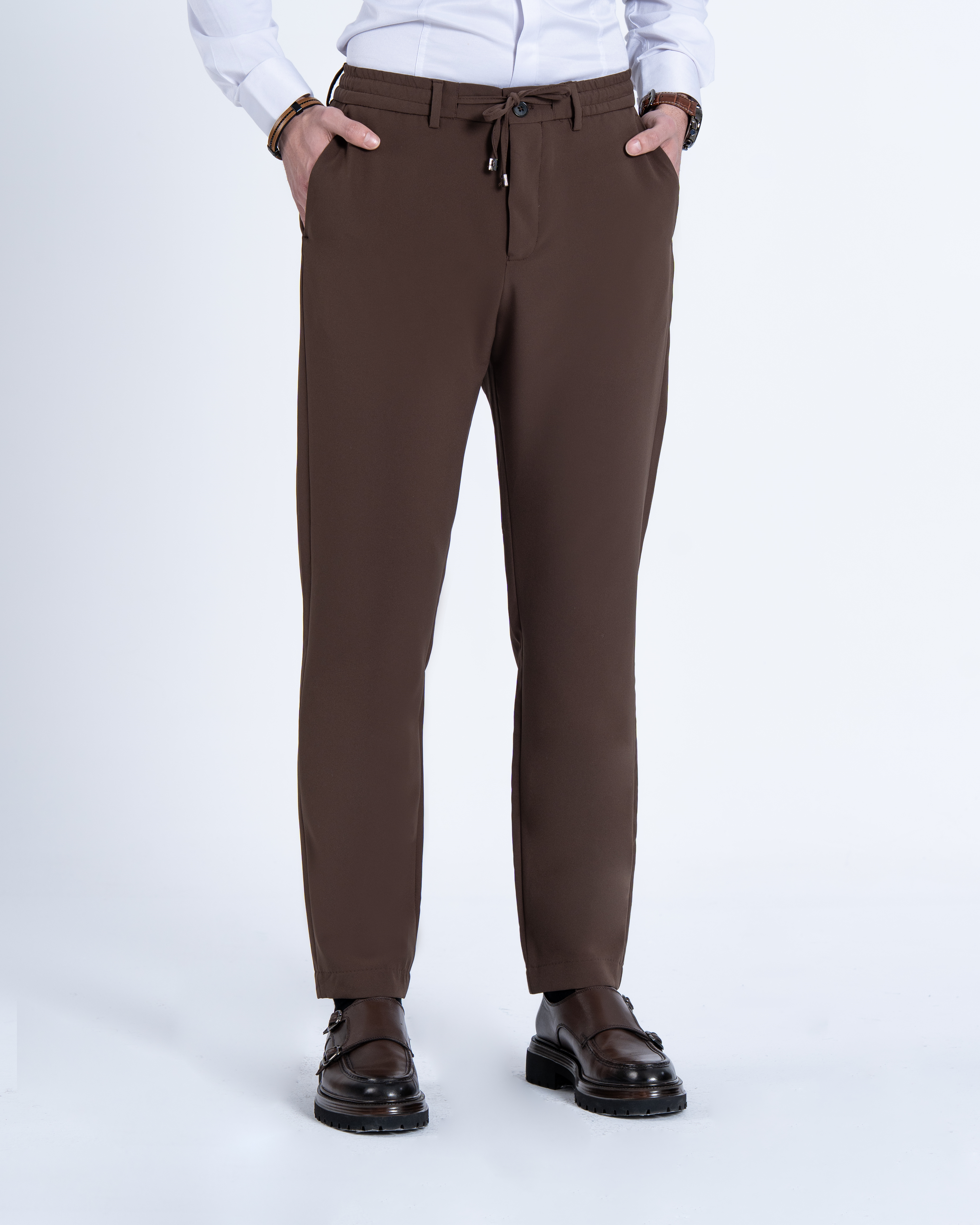 İtalyan stil slim fit erkek beli bağcıklı pantalon kahverengi T14556