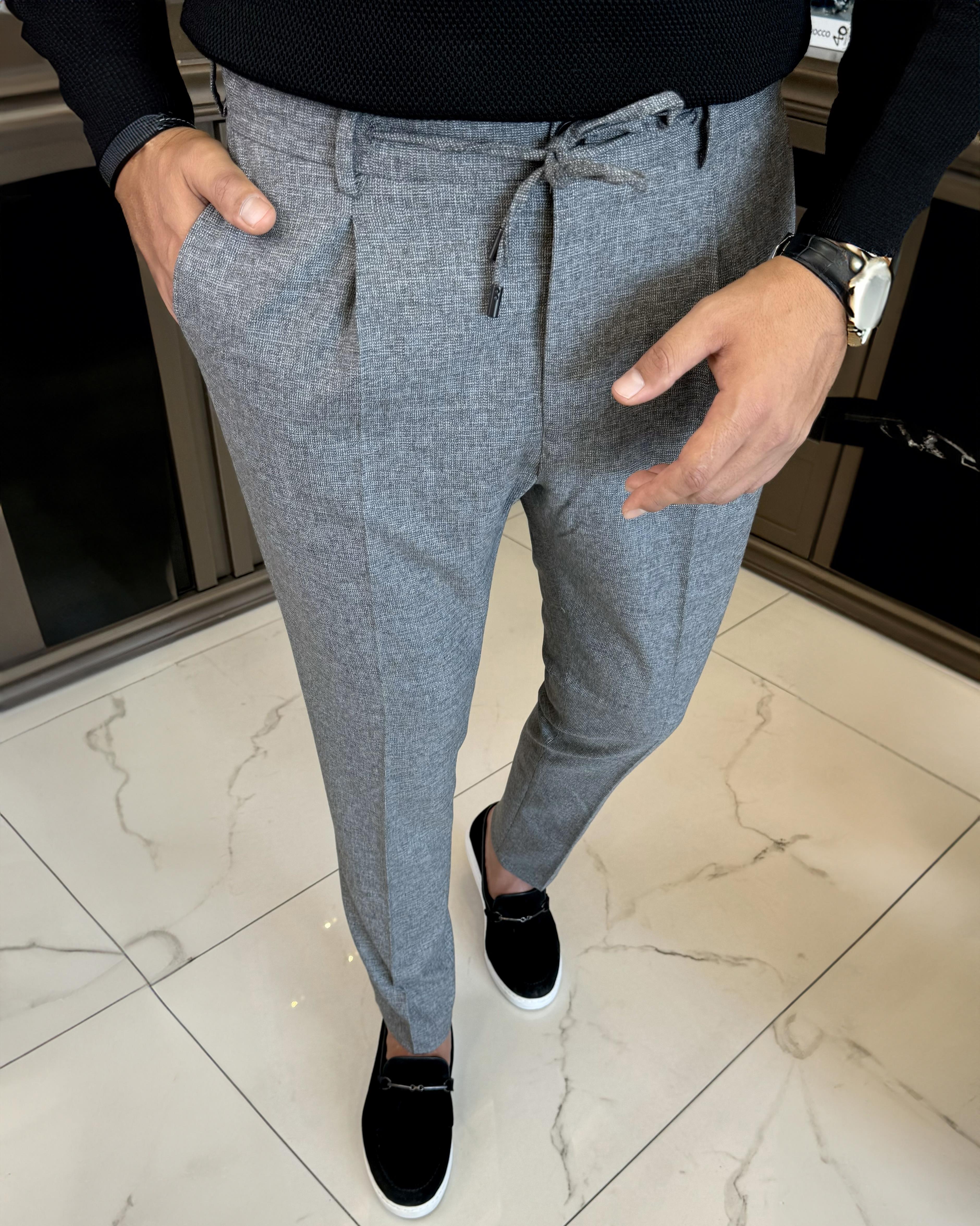 Italian style slim fit men's waist tie trousers black T13176