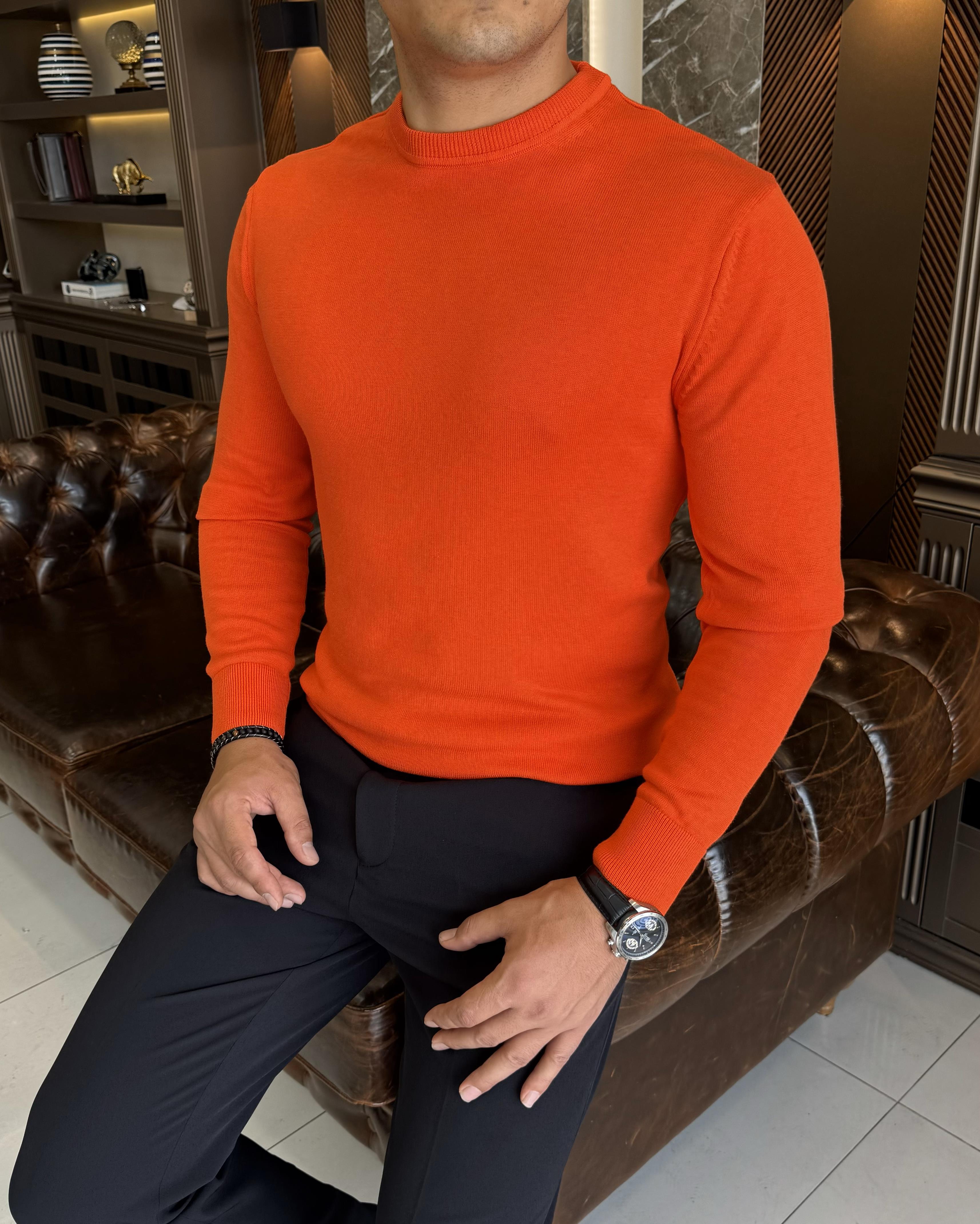 İtalyan stil slim fit erkek bisiklet yaka triko kazak kiremit T13130