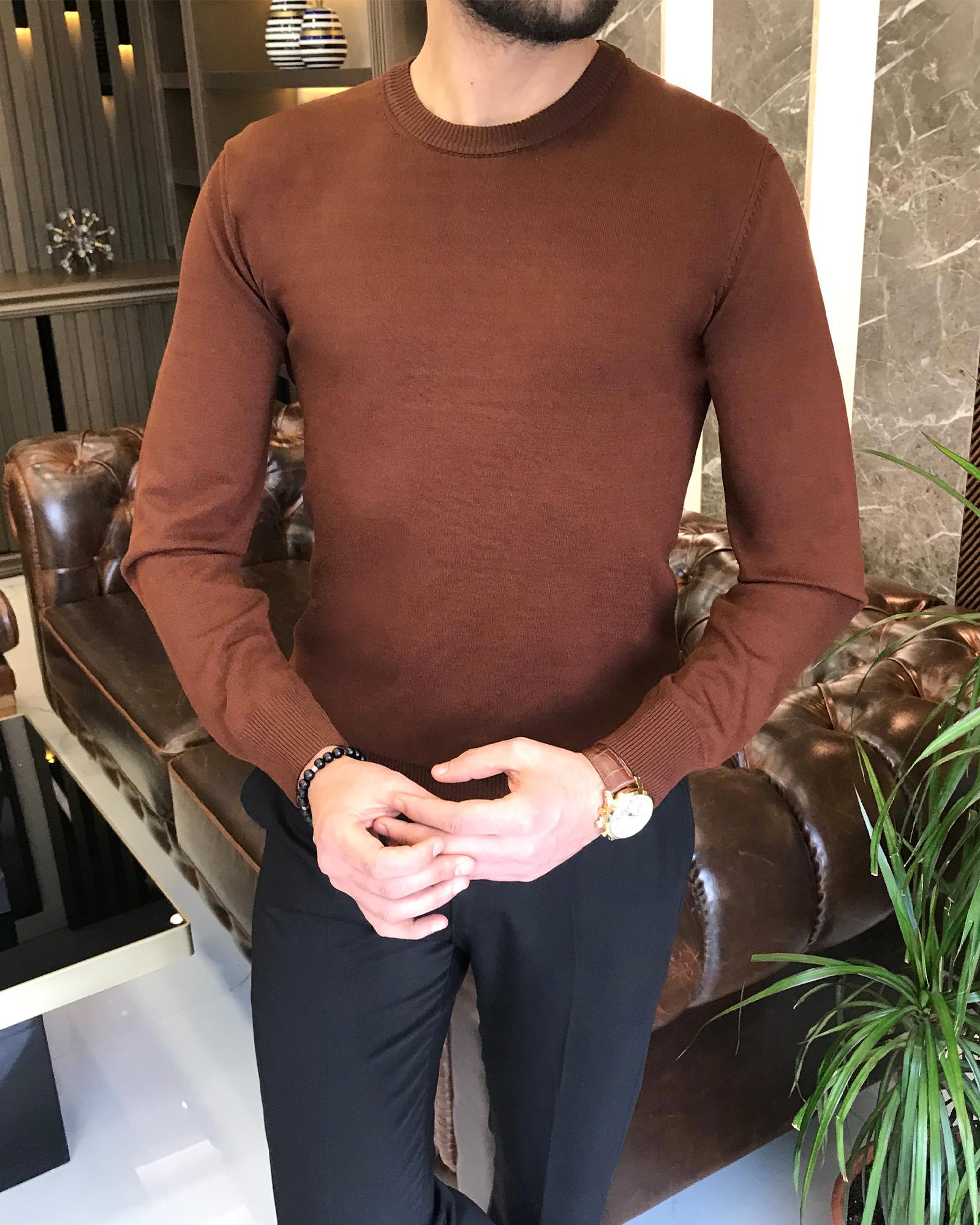 İtalyan stil slim fit erkek bisiklet yaka triko kazak Kahverengi T8726