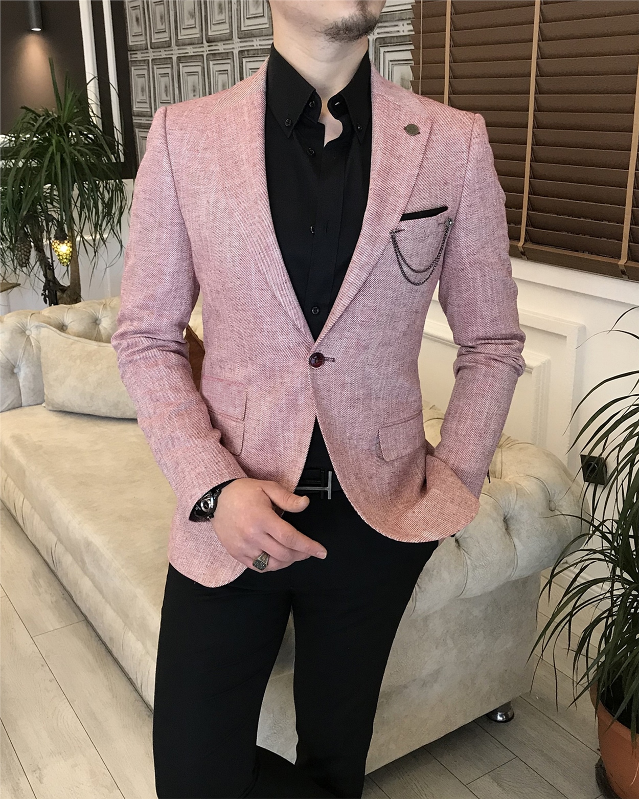 İtalyan stil slim fit erkek blazer tek ceket Bordo T5890