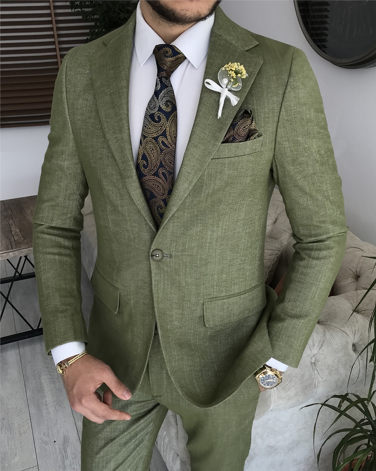 İtalyan stil slim fit erkek ceket beli bağcıklı pantolon takım elbise Yeşil T8173
