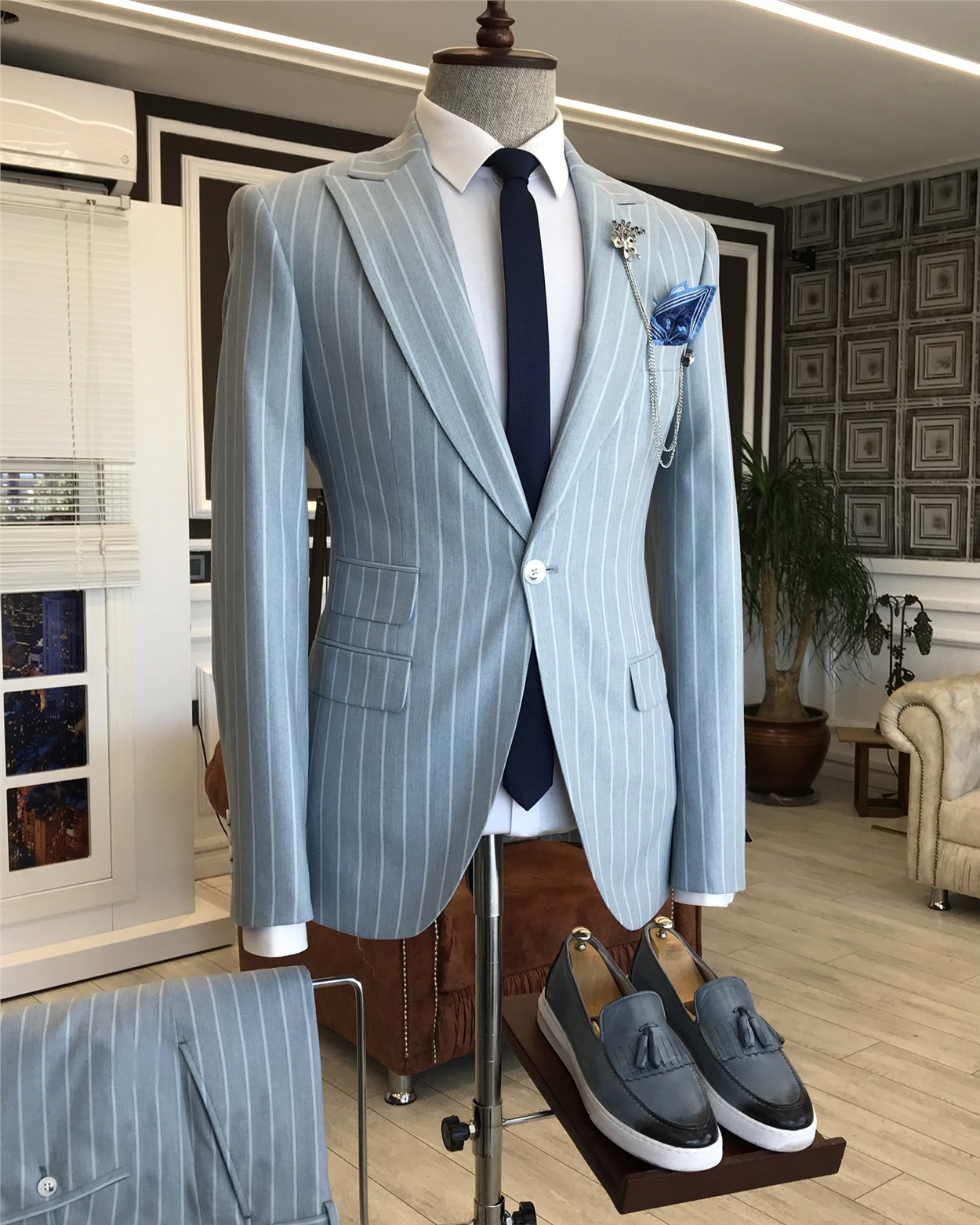 İtalyan stil slim fit erkek ceket pantolon takım elbise buz mavisi T6092