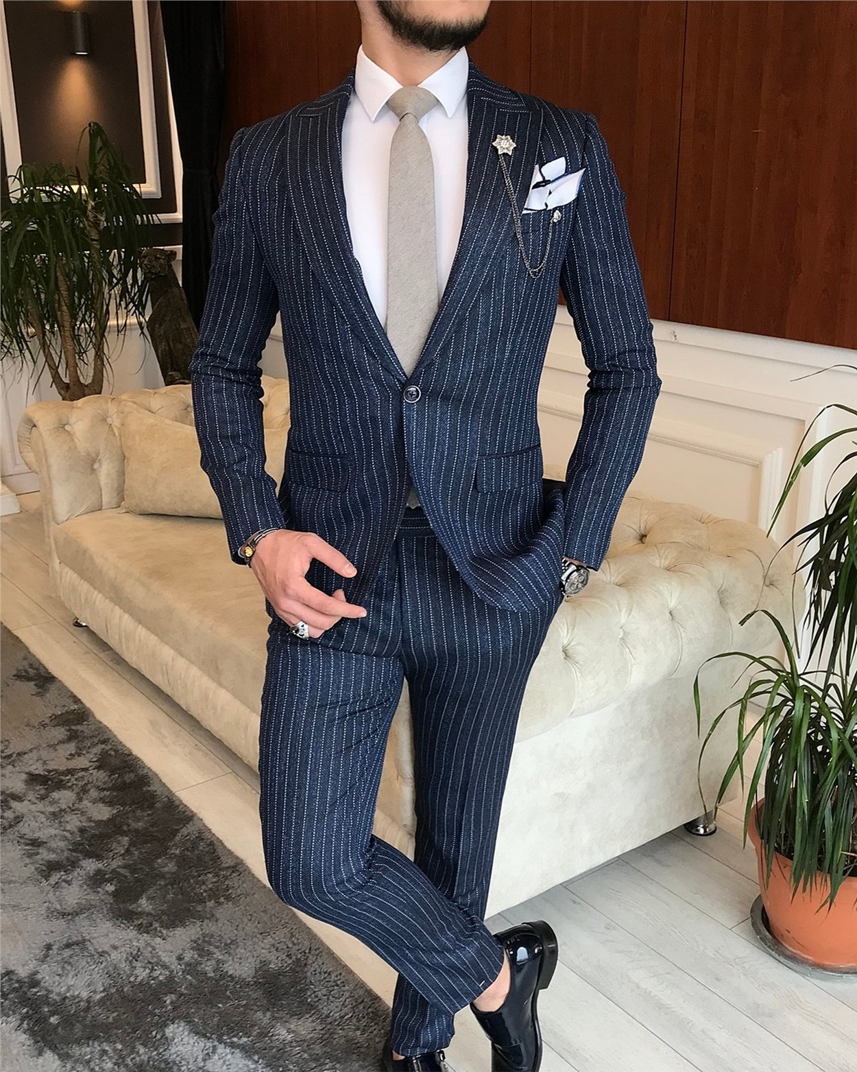 İtalyan stil slim fit erkek ceket pantolon takım elbise lacivert T6483