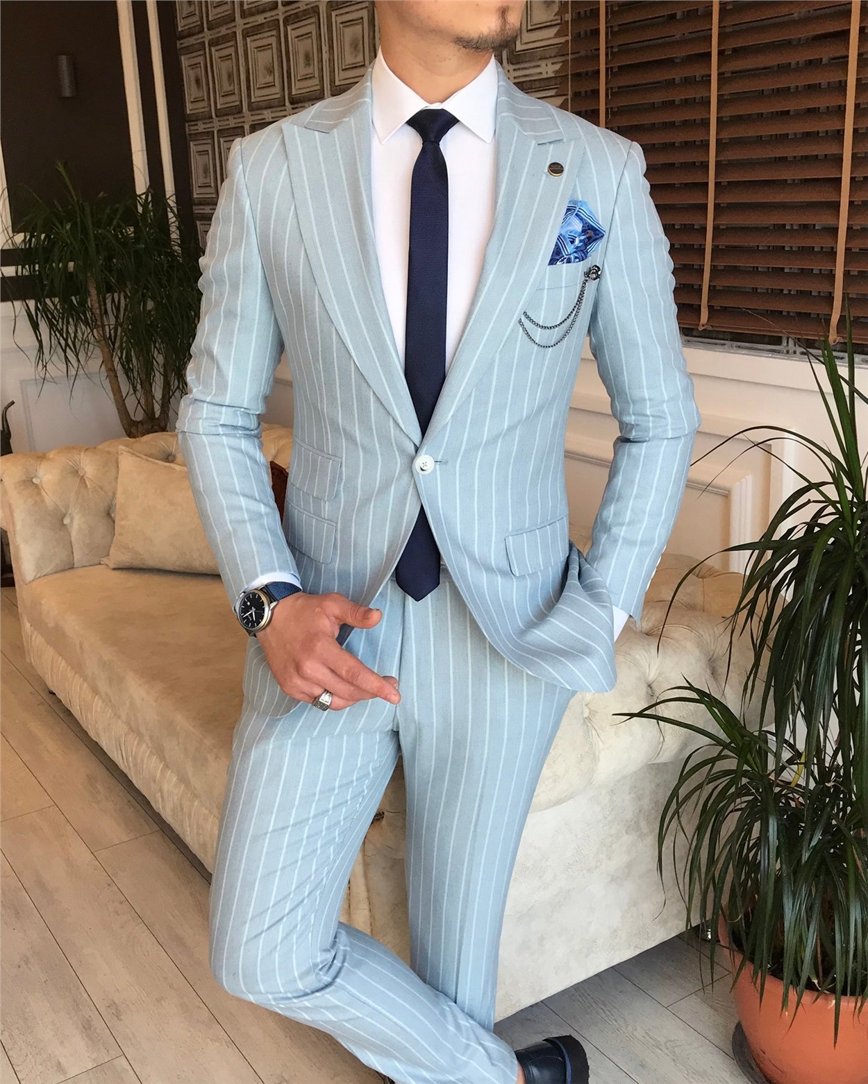 İtalyan stil slim fit erkek ceket pantolon takım elbise buz mavisi T6092