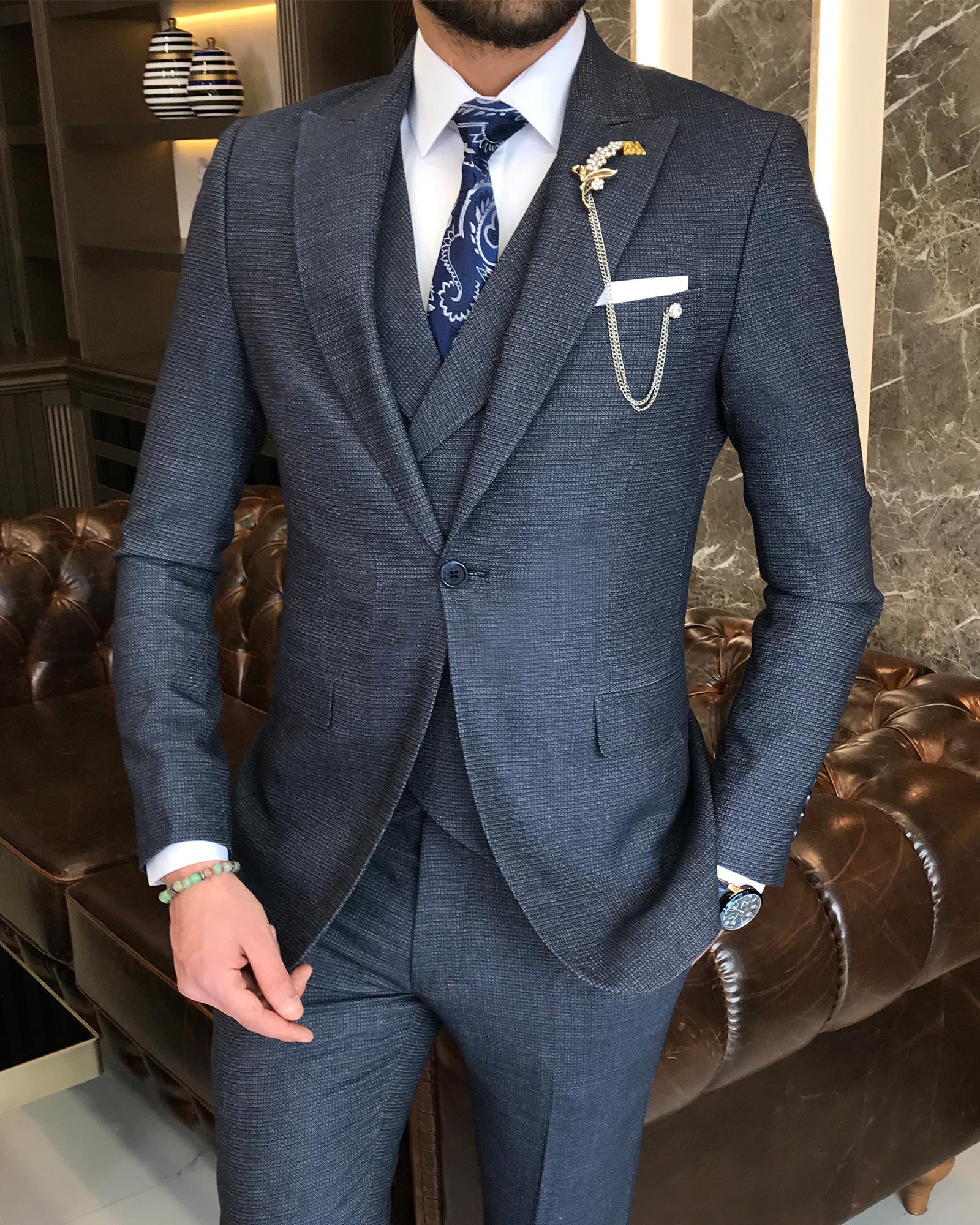 Italian style slim fit men's jacket vest pants suit navy blue T9120 Italian style slim fit men's jacket vest pants suit navy blue T9120