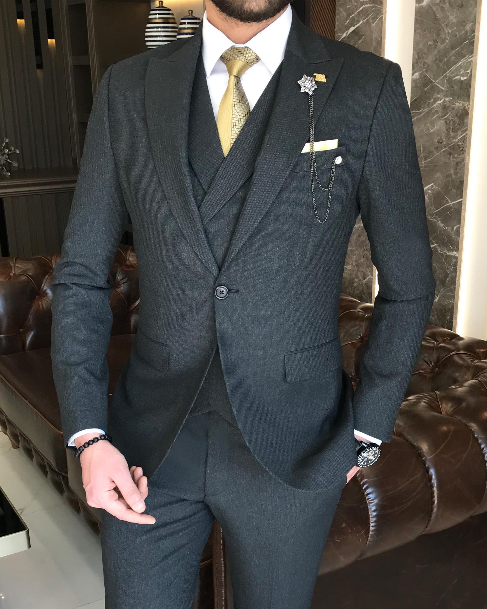 Italian style slim fit men's jacket vest pant suit anthracite T9130