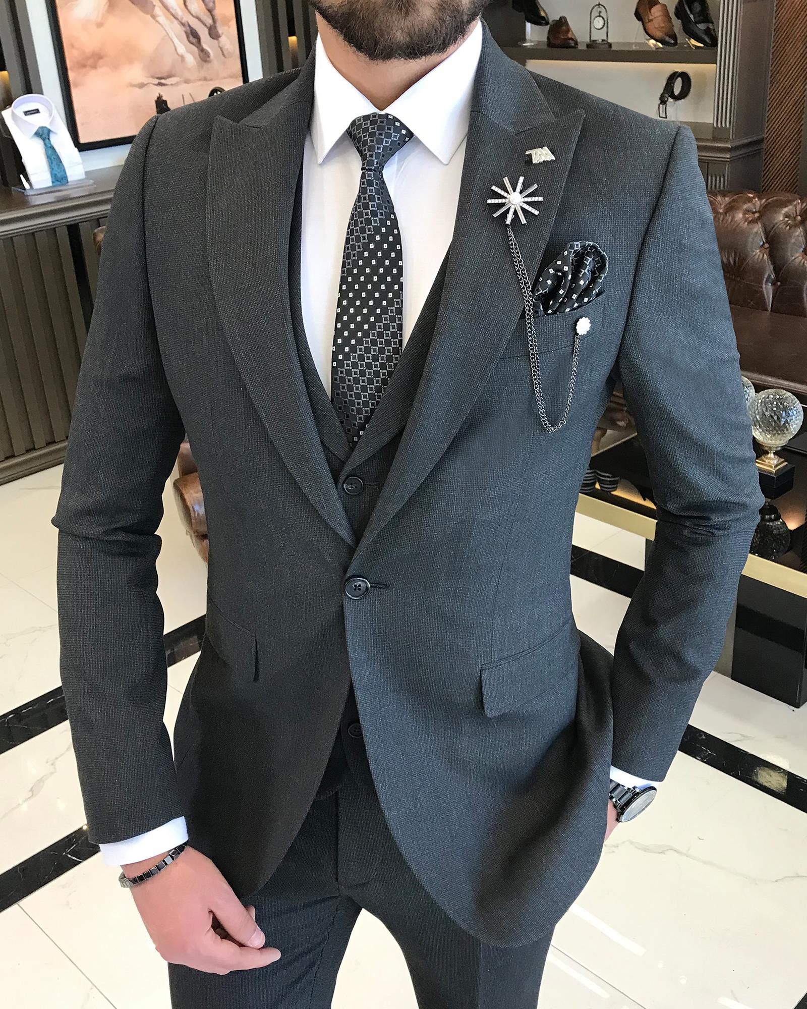 Italian Style Slim Fit Men's Jacket Vest Trousers Suit Anthracit T9038