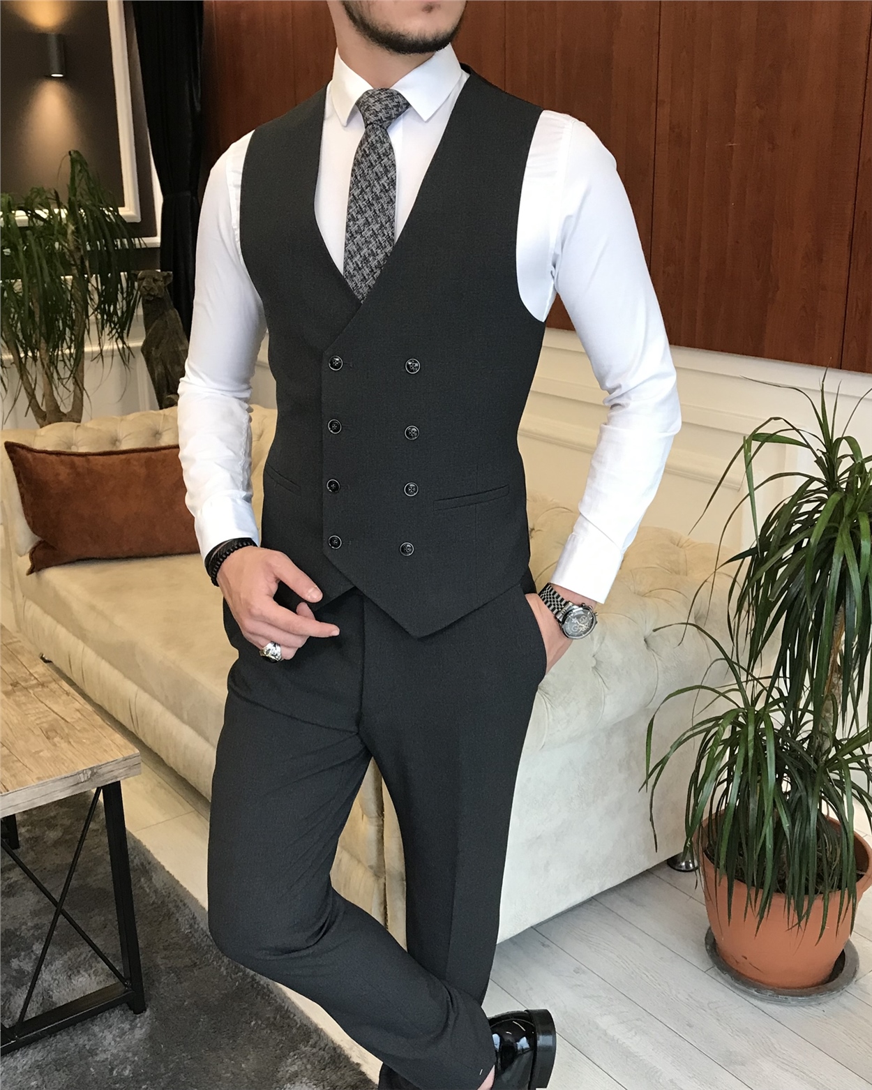 İtalyan stil slim fit erkek ceket yelek pantolon takım elbise Gri T7603