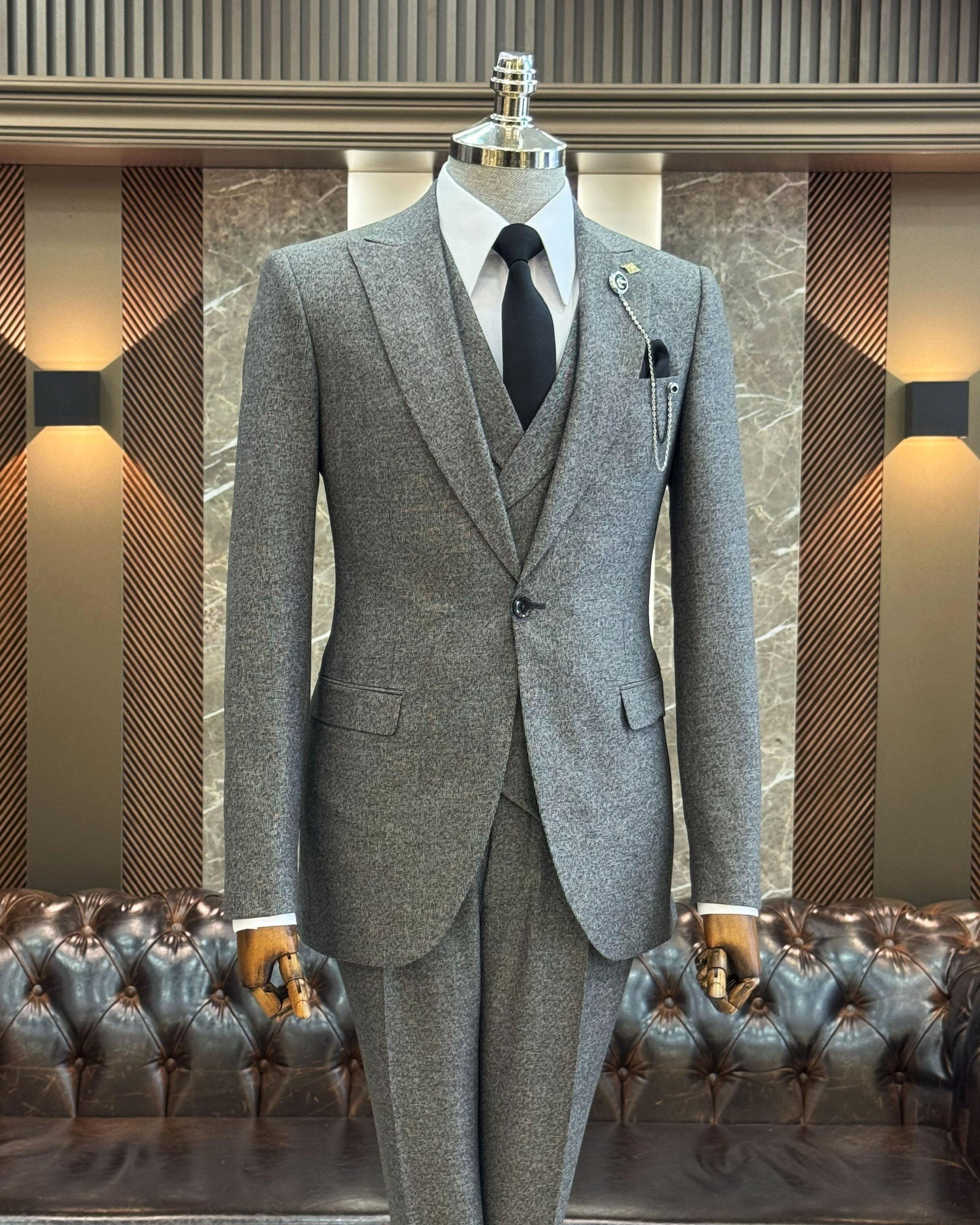 İtalyan stil slim fit erkek ceket yelek pantolon takım elbise kahverengi T11018