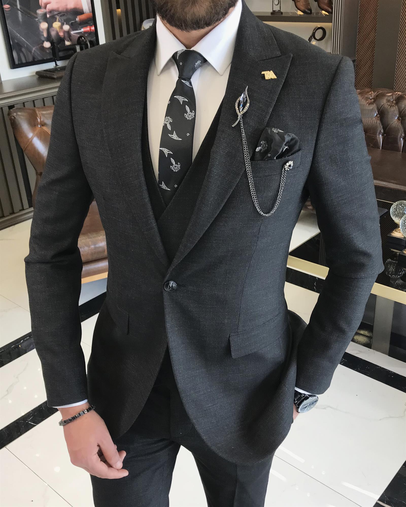 İtalyan stil slim fit erkek ceket yelek pantolon takım elbise siyah T9529