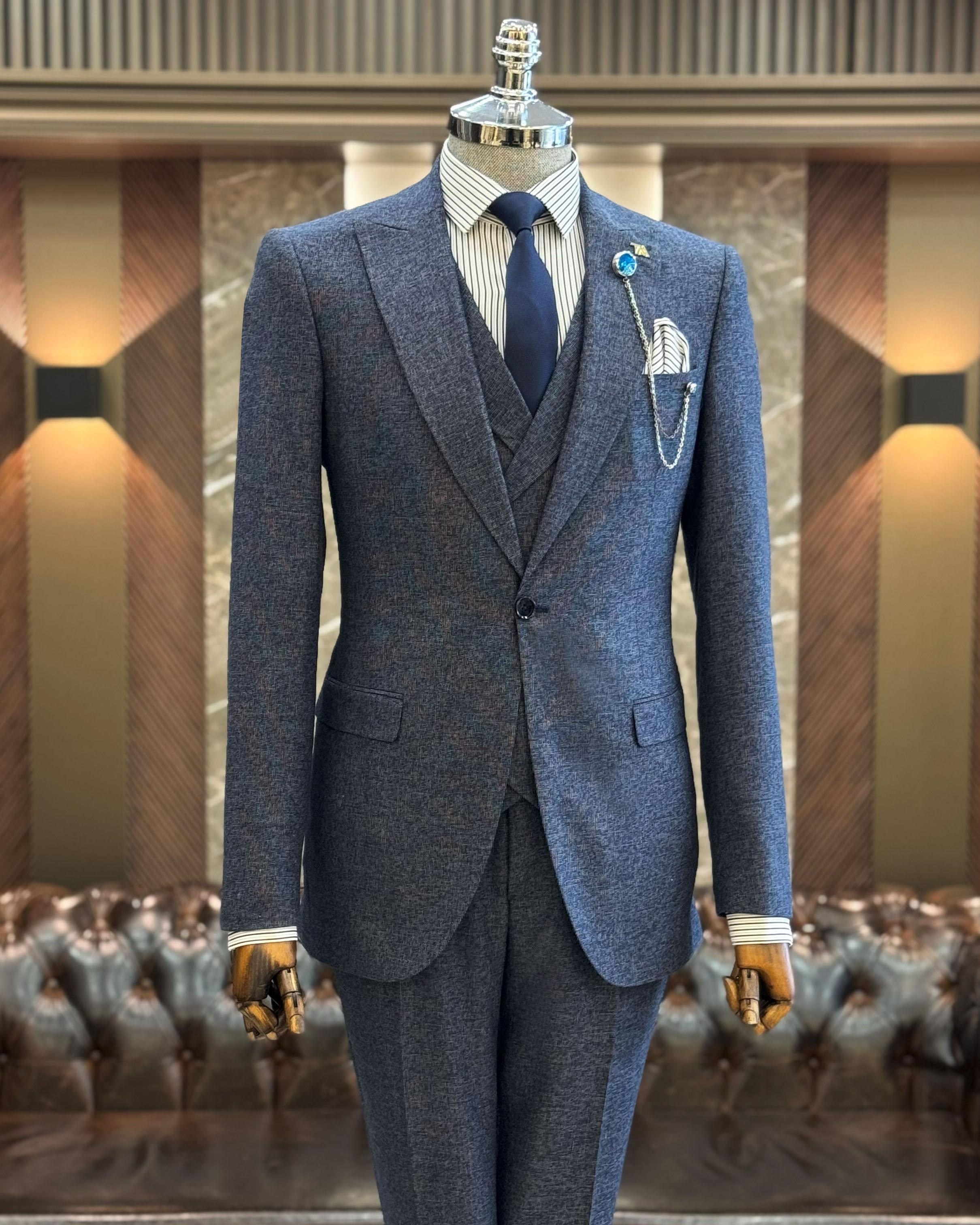 İtalyan stil slim fit erkek ceket yelek pantolon takım elbise lacivert T11019