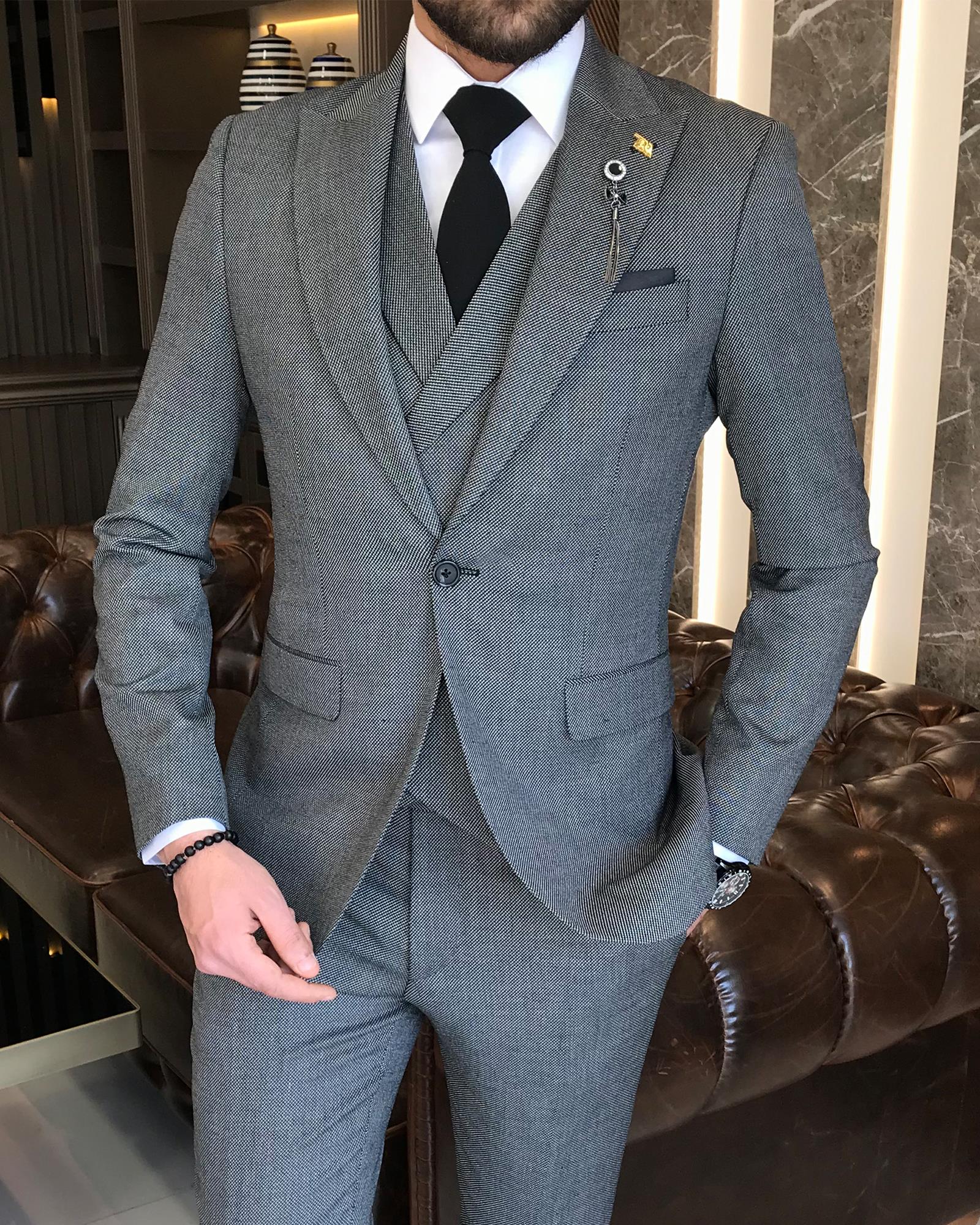 Italian style slim fit men's jacket vest pant suit black T9123