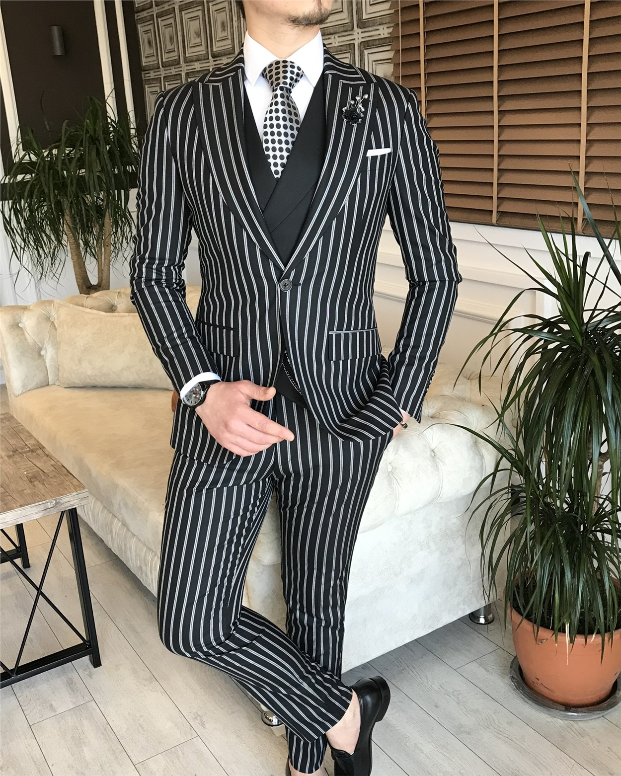 İtalyan stil slim fit erkek ceket yelek pantolon takım elbise siyah T5938