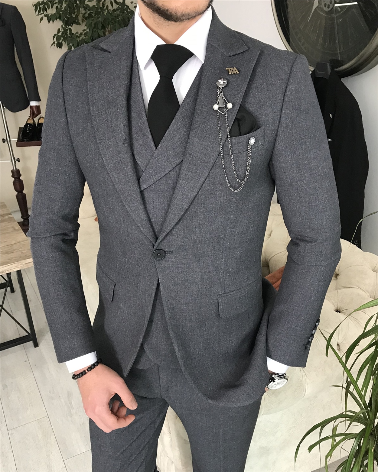 Italian Style Slim Fit Men's Jacket Vest Trousers Suits Gray T8248