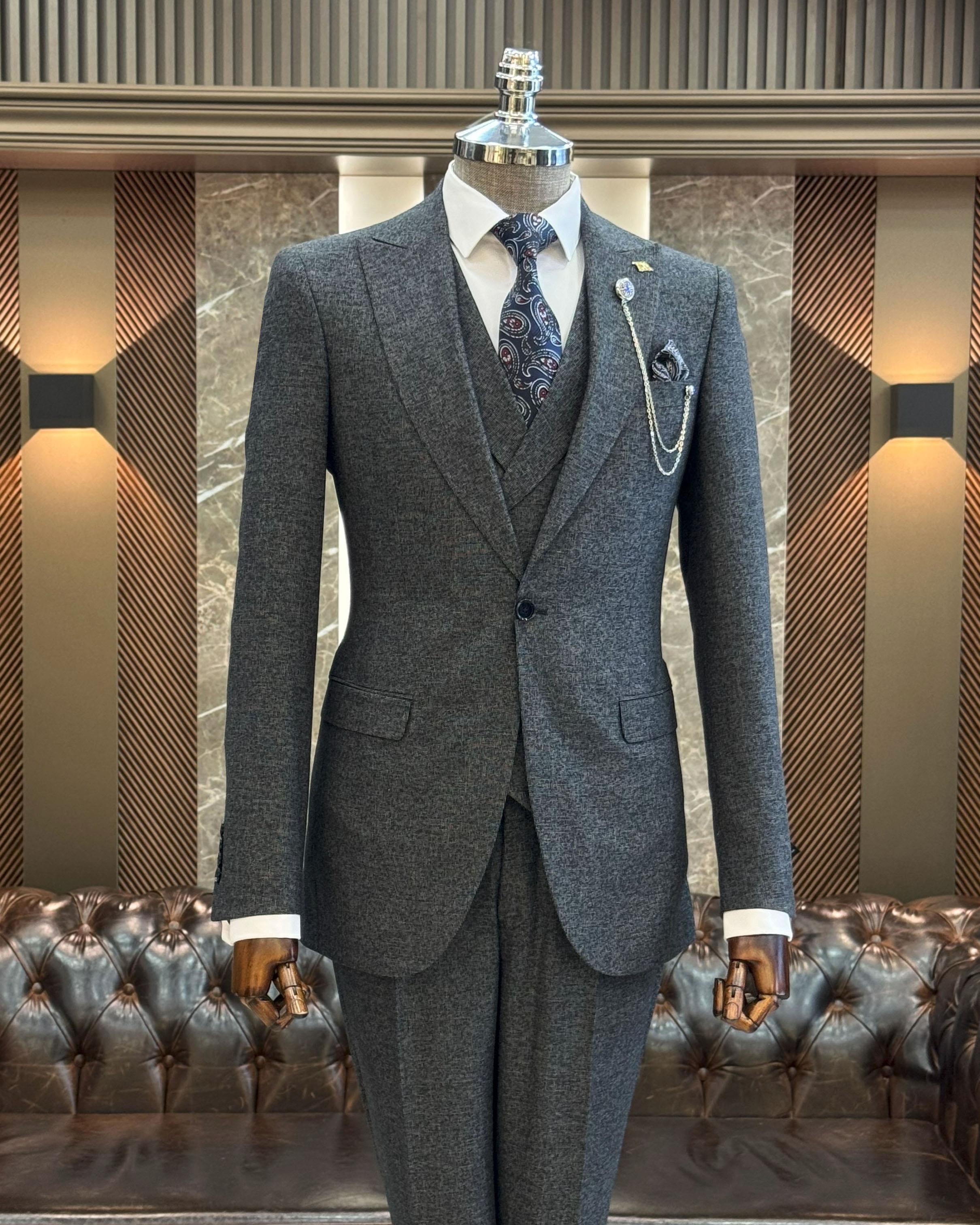 İtalyan stil slim fit erkek ceket yelek pantolon takım elbise lacivert T11213