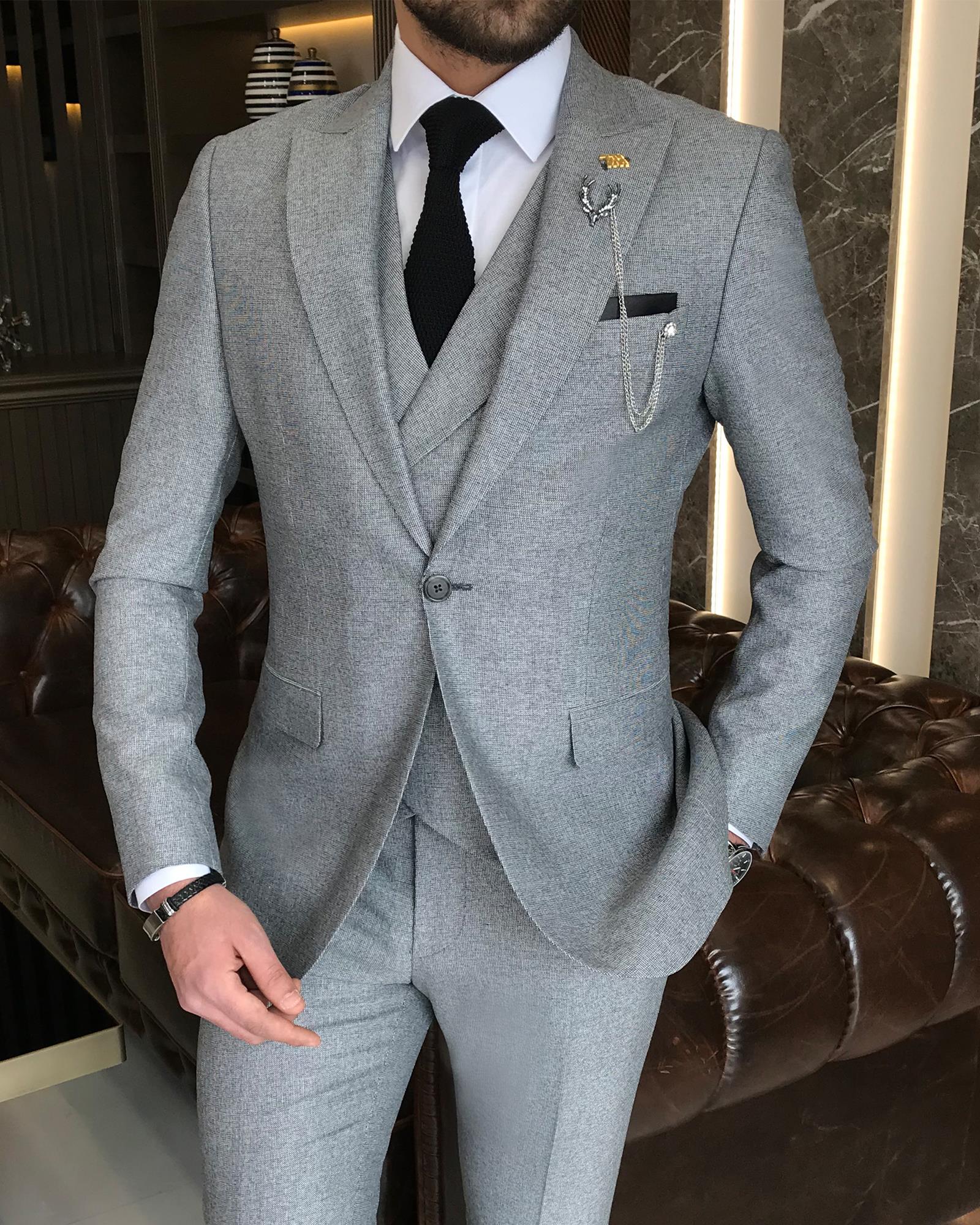 Italian style slim fit men's jacket vest pant suit black T9127